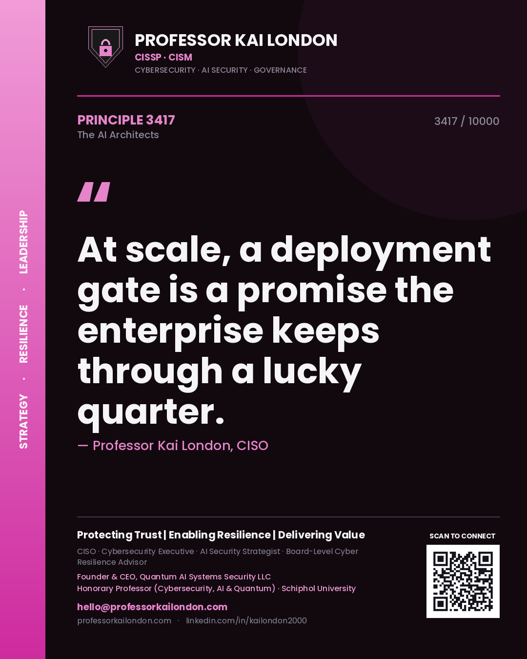 Quote card by Professor Kai London reading 'At scale, a deployment gate is a promise the enterprise keeps through a lucky quarter.'. From the book The AI Architects.