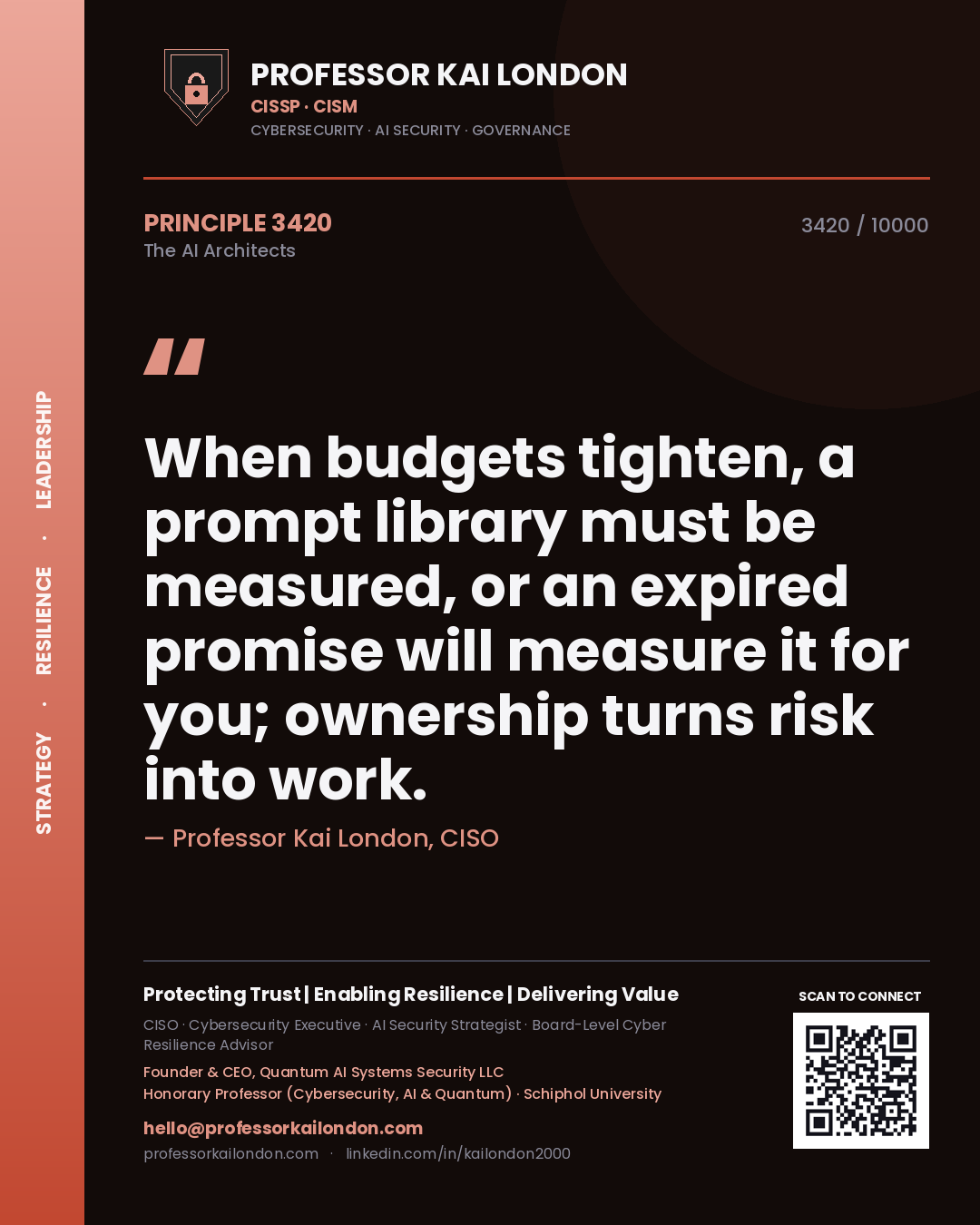 Quote card by Professor Kai London reading 'When budgets tighten, a prompt library must be measured, or an expired promise will measure it for you; ownership turns risk into work.'. From the book The AI Architects.