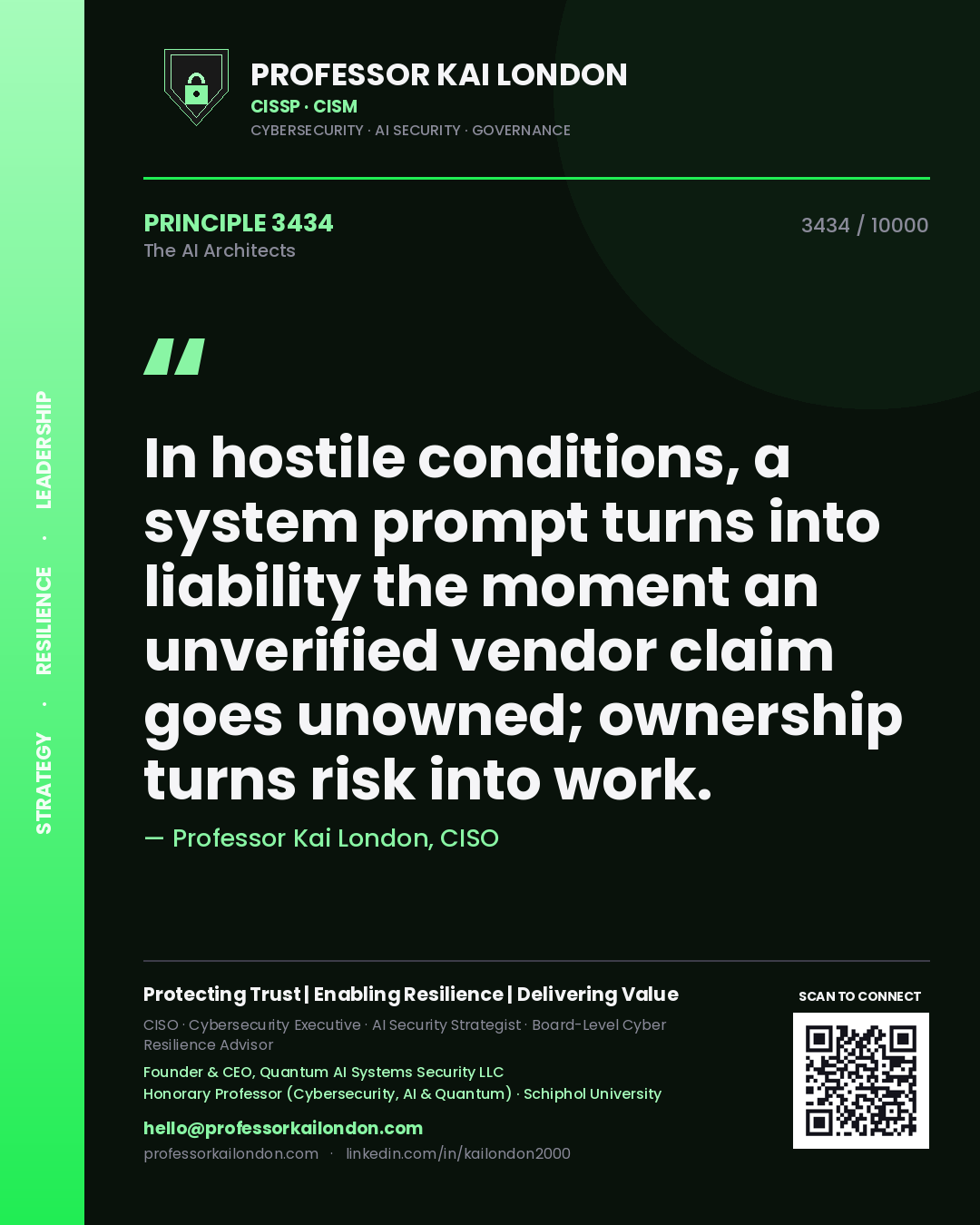 Professor Kai London principle 3434: In hostile conditions, a system prompt turns into liability the moment an unverified vendor claim goes unowned; ownership turns risk into work.