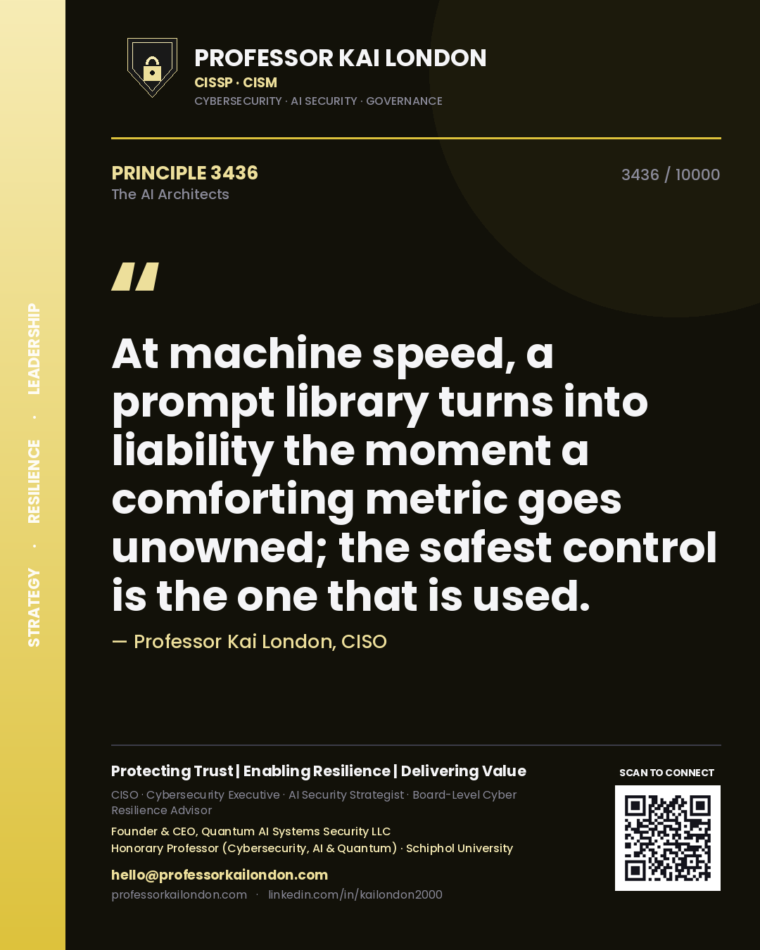 Quote card by Professor Kai London reading 'At machine speed, a prompt library turns into liability the moment a comforting metric goes unowned; the safest control is the one that is used.'. From the book The AI Architects.