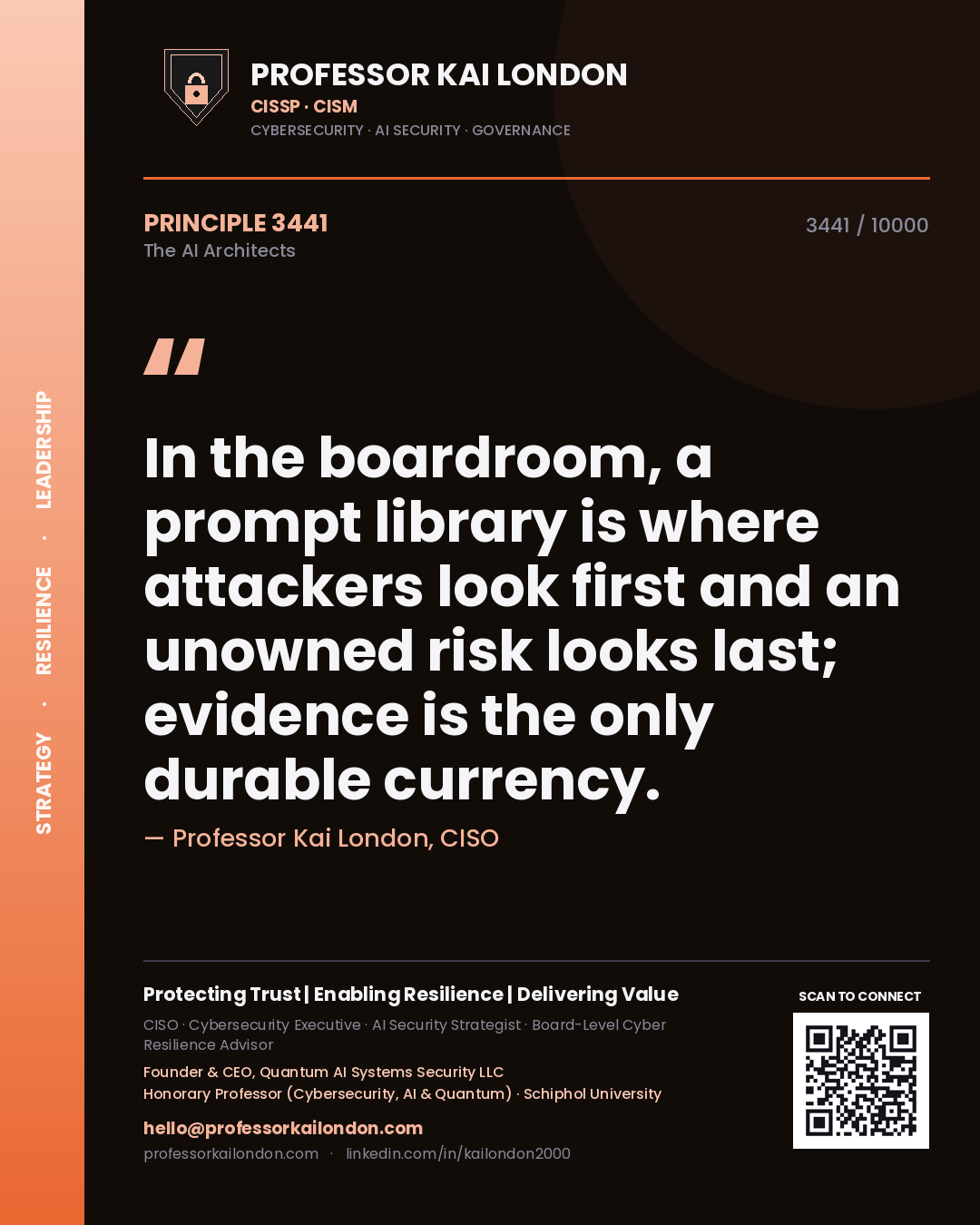 Quote card by Professor Kai London reading 'In the boardroom, a prompt library is where attackers look first and an unowned risk looks last; evidence is the only durable currency.'. From the book The AI Architects.