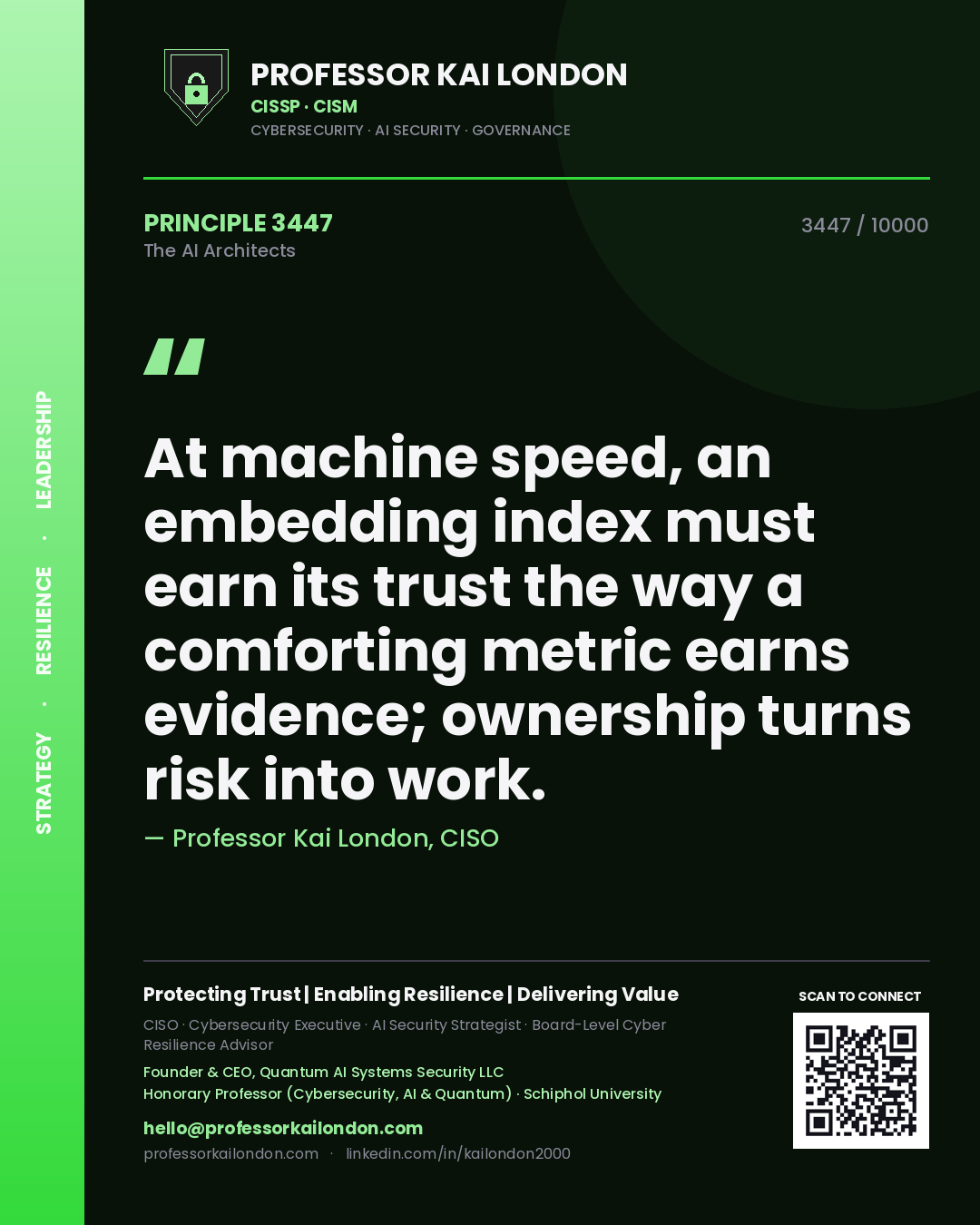 Professor Kai London principle 3447: At machine speed, an embedding index must earn its trust the way a comforting metric earns evidence; ownership turns risk into work.