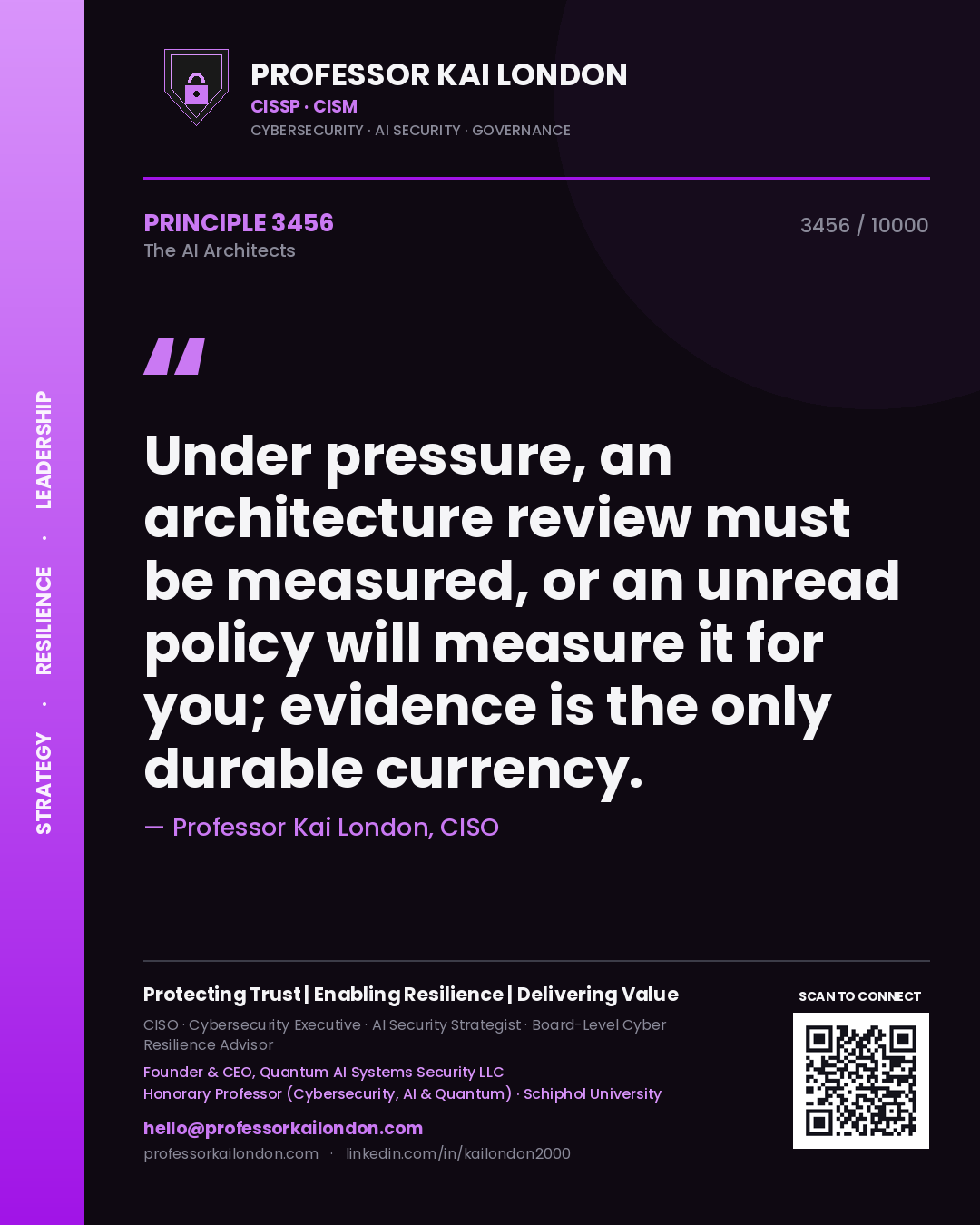 Quote card by Professor Kai London reading 'Under pressure, an architecture review must be measured, or an unread policy will measure it for you; evidence is the only durable currency.'. From the book The AI Architects.