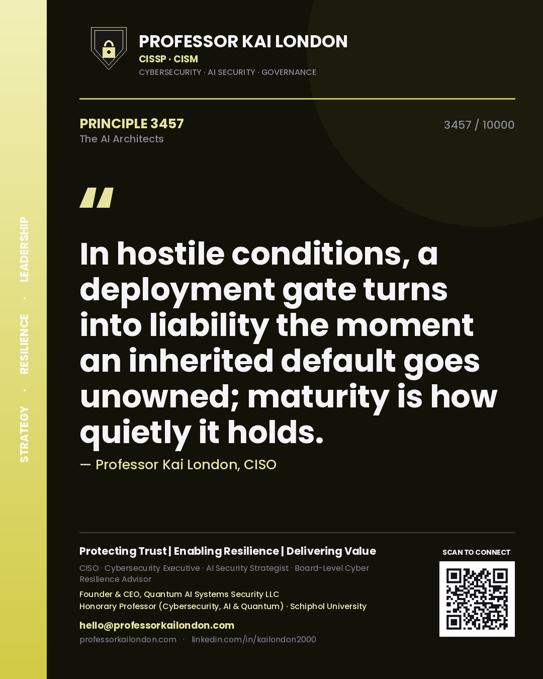 Professor Kai London principle 3457: In hostile conditions, a deployment gate turns into liability the moment an inherited default goes unowned; maturity is how quietly it holds.