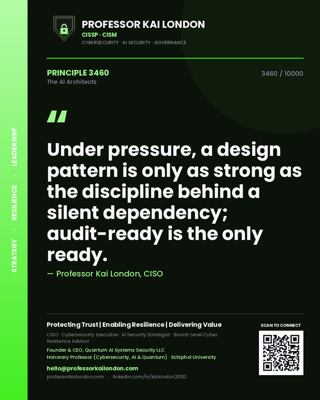 Quote card by Professor Kai London reading 'Under pressure, a design pattern is only as strong as the discipline behind a silent dependency; audit-ready is the only ready.'. From the book The AI Architects.