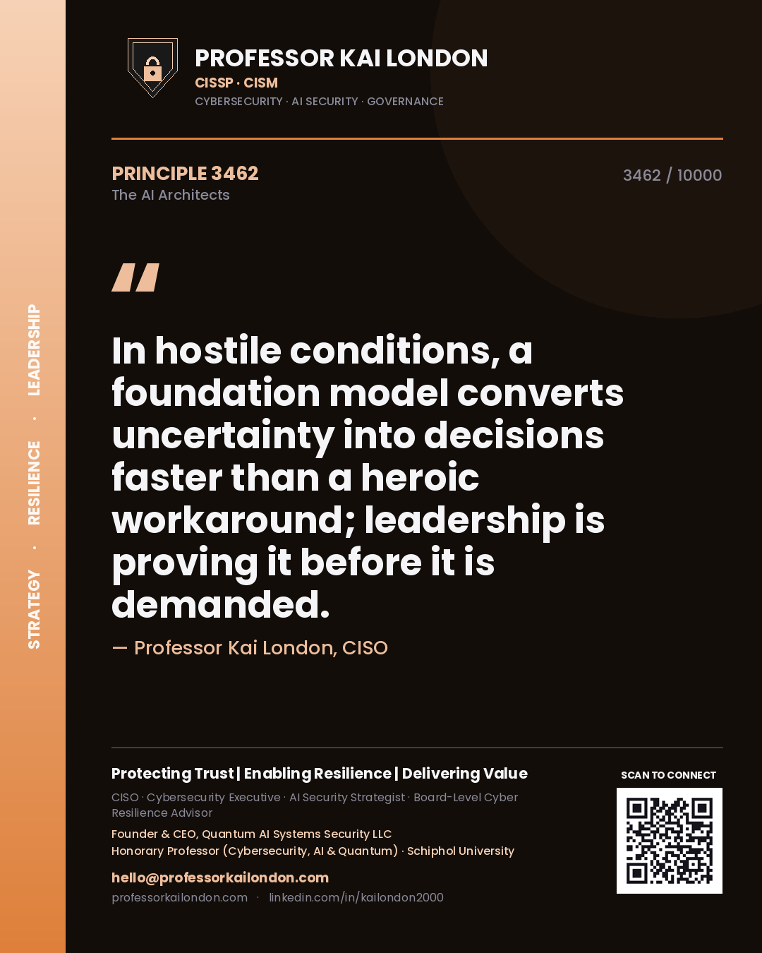 Professor Kai London principle 3462: In hostile conditions, a foundation model converts uncertainty into decisions faster than a heroic workaround; leadership is proving it before it is demanded.