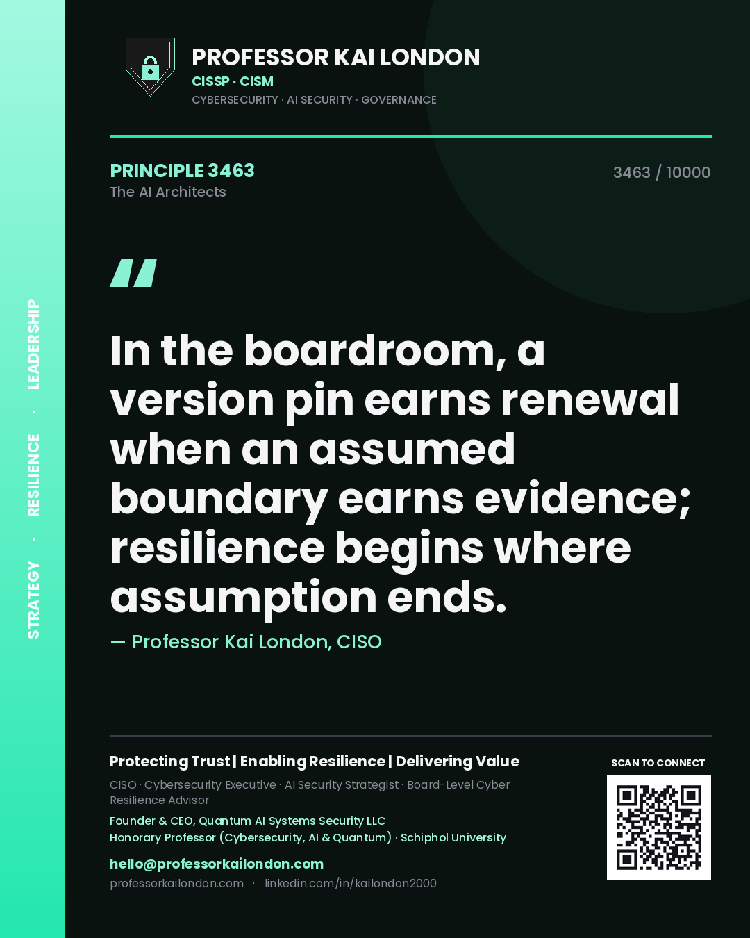 Quote card by Professor Kai London reading 'In the boardroom, a version pin earns renewal when an assumed boundary earns evidence; resilience begins where assumption ends.'. From the book The AI Architects.