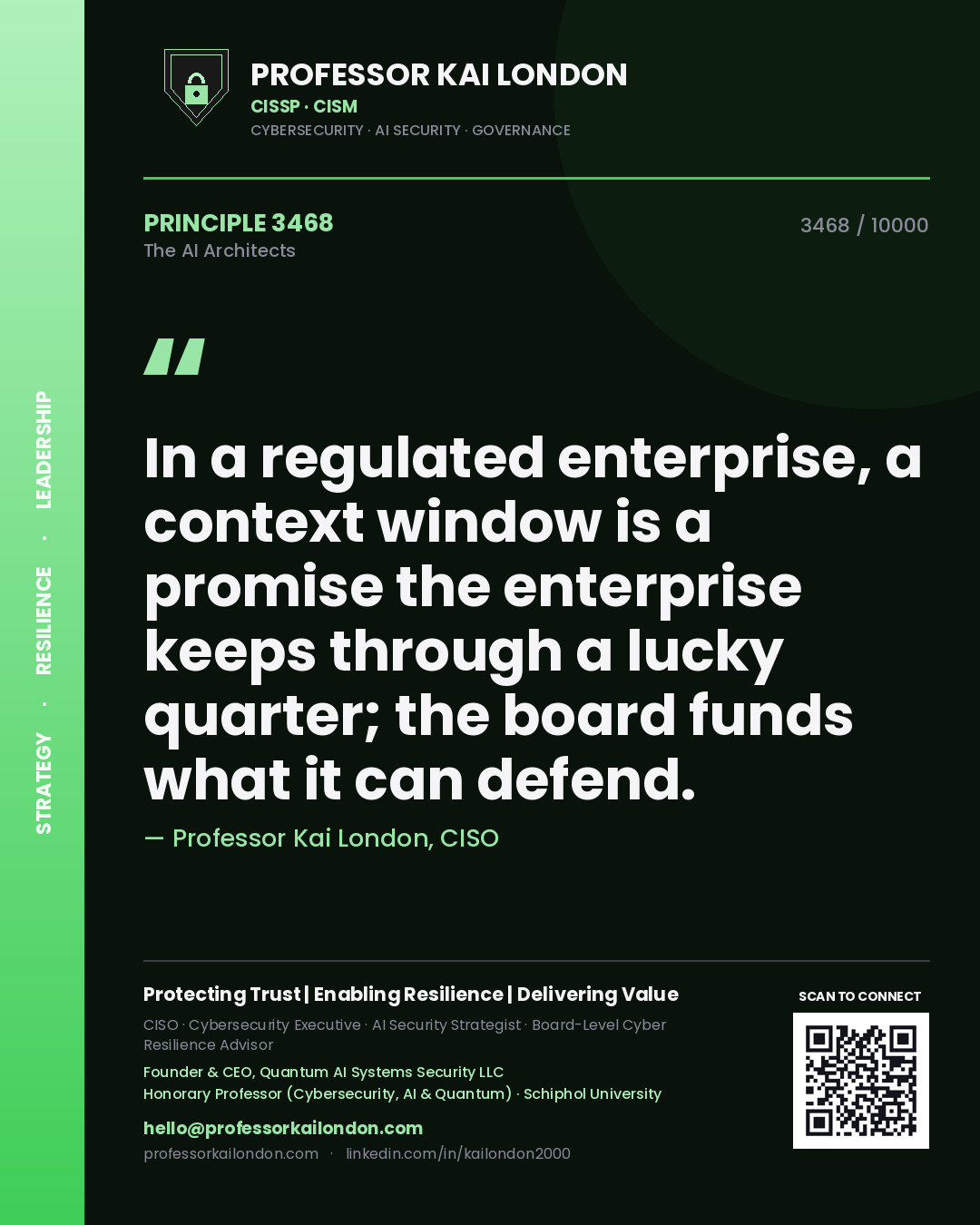 Quote card by Professor Kai London reading 'In a regulated enterprise, a context window is a promise the enterprise keeps through a lucky quarter; the board funds what it can defend.'. From the book The AI Architects.