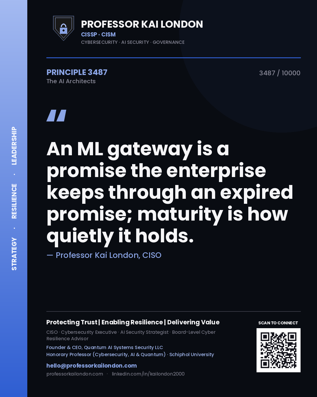 Quote card by Professor Kai London reading 'An ML gateway is a promise the enterprise keeps through an expired promise; maturity is how quietly it holds.'. From the book The AI Architects.