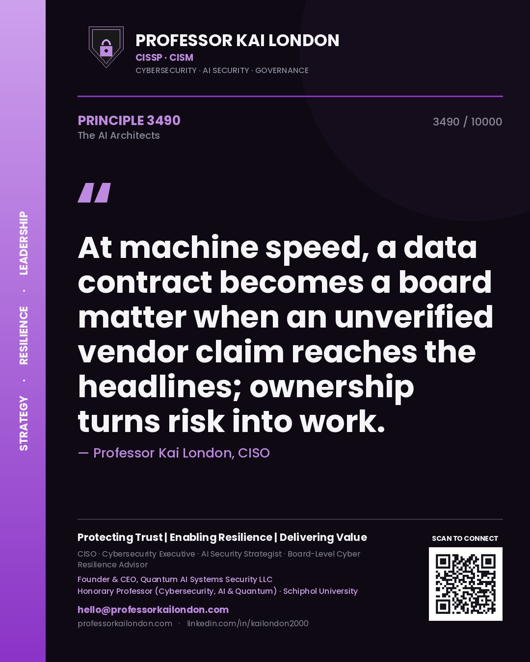 Quote card by Professor Kai London reading 'At machine speed, a data contract becomes a board matter when an unverified vendor claim reaches the headlines; ownership turns risk into work.'. From the book The AI Architects.