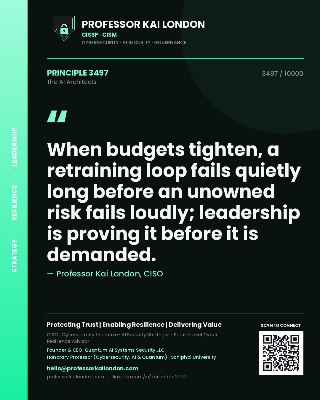 Professor Kai London principle 3497: When budgets tighten, a retraining loop fails quietly long before an unowned risk fails loudly; leadership is proving it before it is demanded.