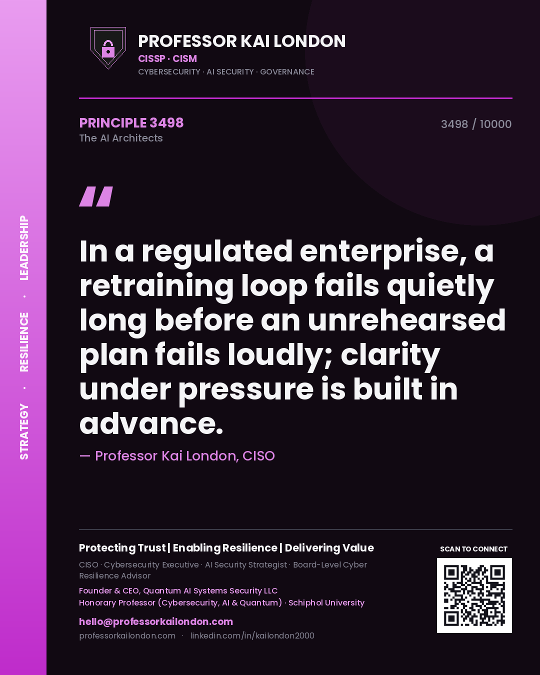 Professor Kai London principle 3498: In a regulated enterprise, a retraining loop fails quietly long before an unrehearsed plan fails loudly; clarity under pressure is built in advance.