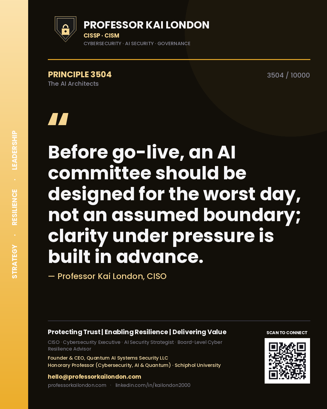 Professor Kai London principle 3504: Before go-live, an AI committee should be designed for the worst day, not an assumed boundary; clarity under pressure is built in advance.