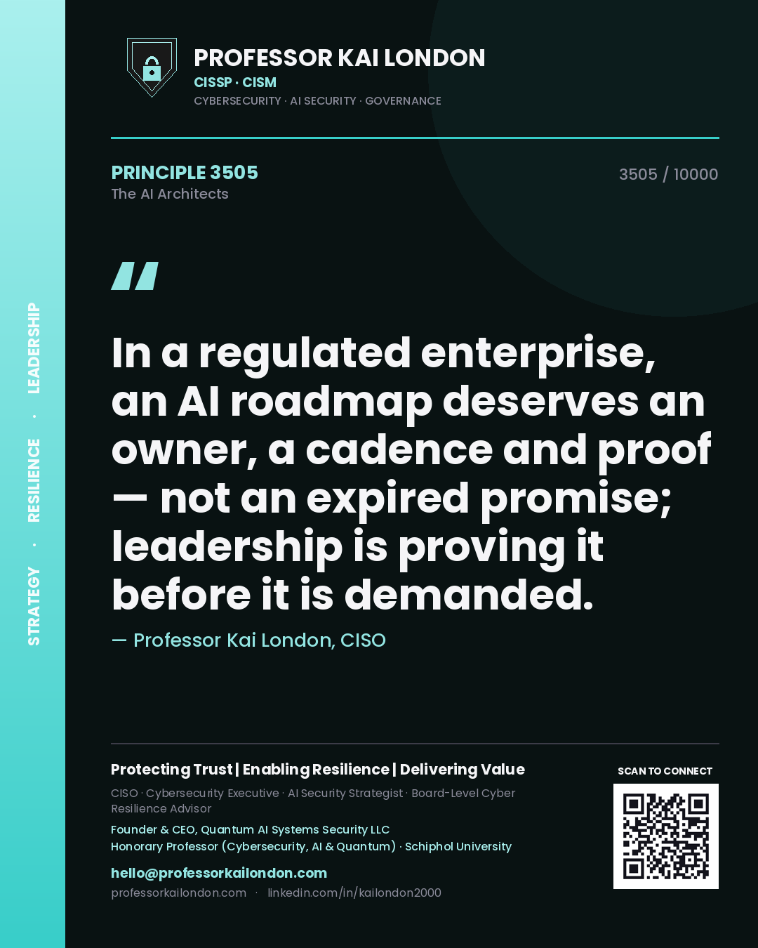 Professor Kai London principle 3505: In a regulated enterprise, an AI roadmap deserves an owner, a cadence and proof — not an expired promise; leadership is proving it before it is demanded.