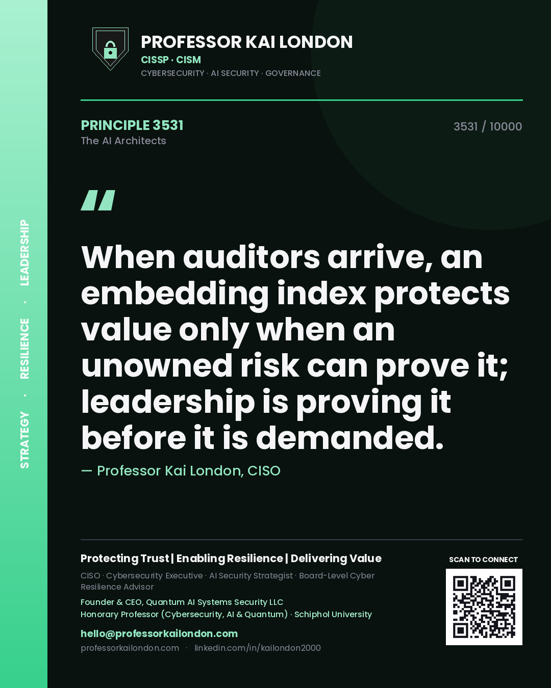 Quote card by Professor Kai London reading 'When auditors arrive, an embedding index protects value only when an unowned risk can prove it; leadership is proving it before it is demanded.'. From the book The AI Architects.