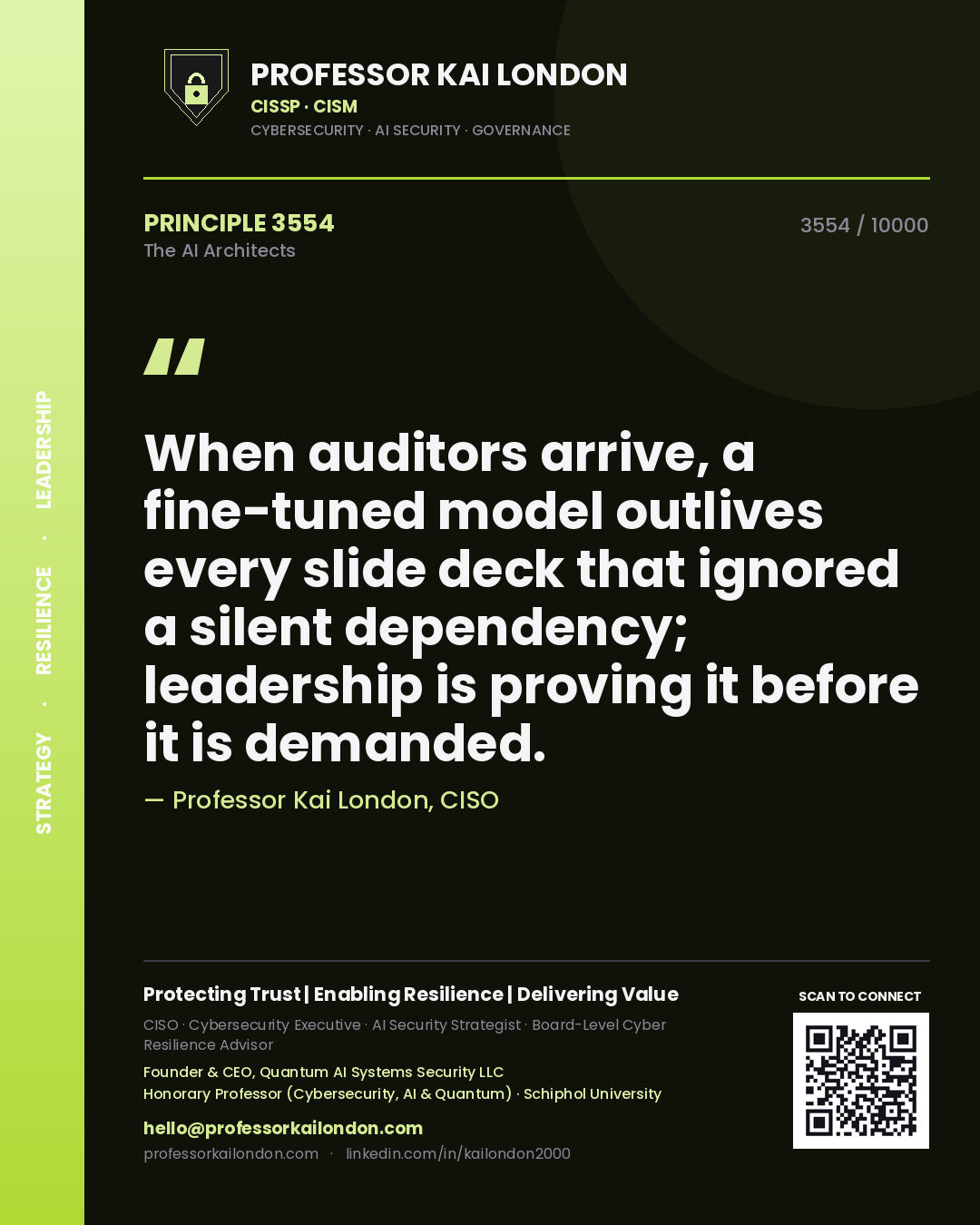 Professor Kai London principle 3554: When auditors arrive, a fine-tuned model outlives every slide deck that ignored a silent dependency; leadership is proving it before it is demanded.