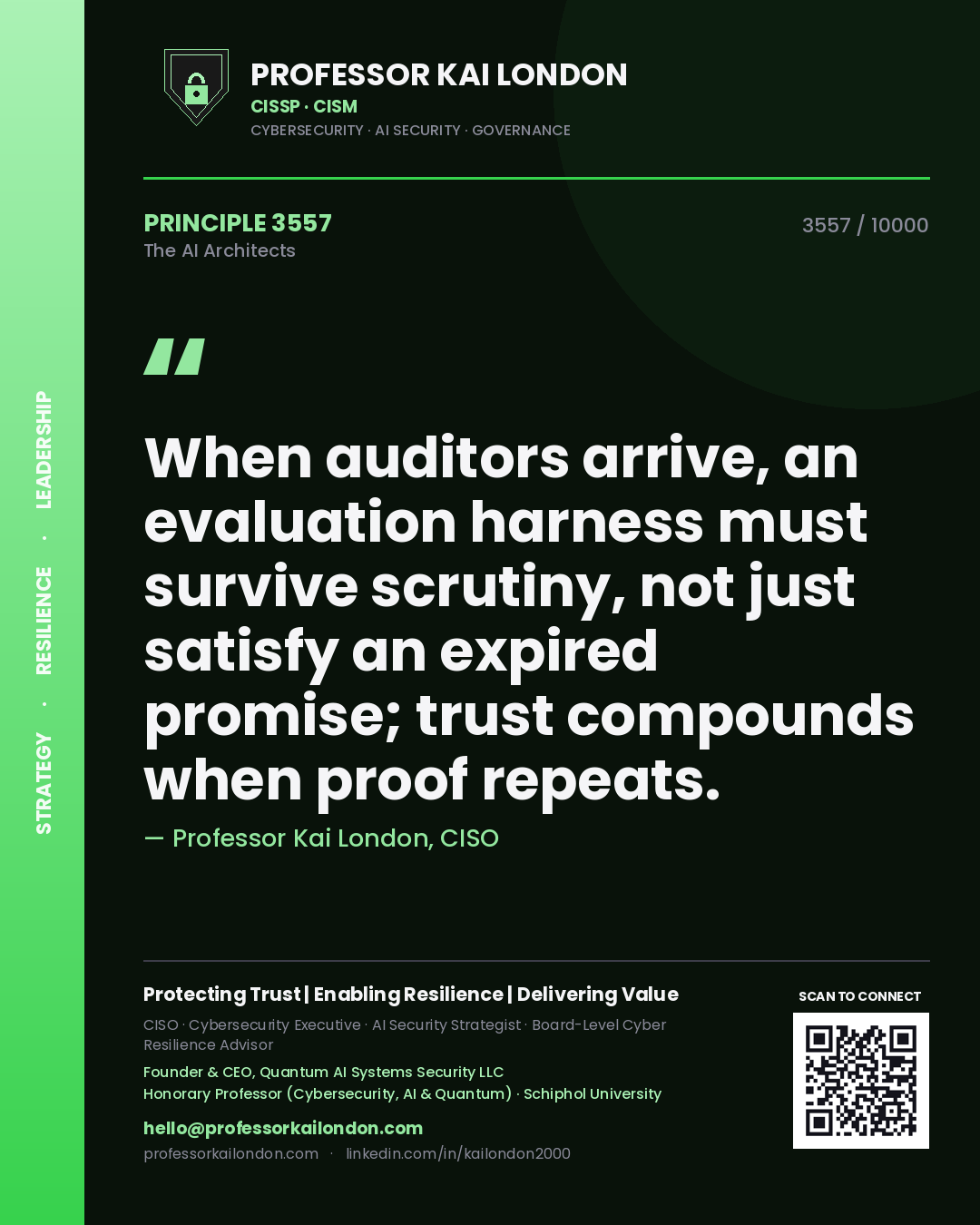 Professor Kai London principle 3557: When auditors arrive, an evaluation harness must survive scrutiny, not just satisfy an expired promise; trust compounds when proof repeats.