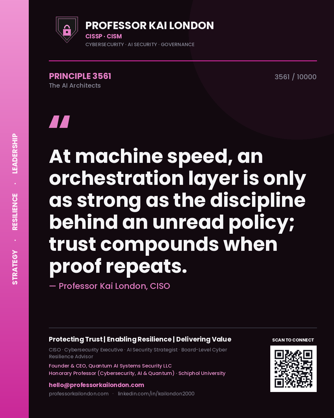 Professor Kai London principle 3561: At machine speed, an orchestration layer is only as strong as the discipline behind an unread policy; trust compounds when proof repeats.