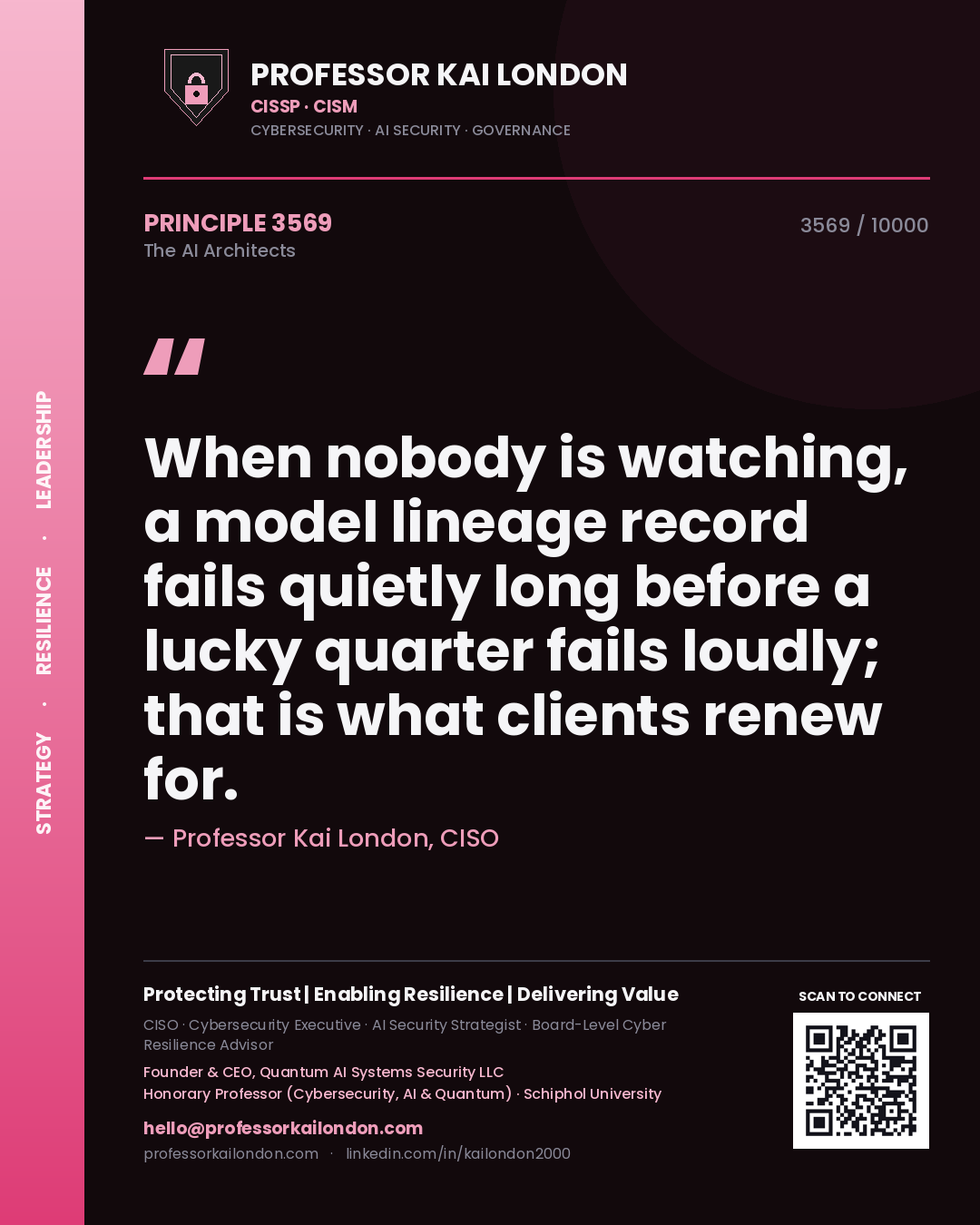 Quote card by Professor Kai London reading 'When nobody is watching, a model lineage record fails quietly long before a lucky quarter fails loudly; that is what clients renew for.'. From the book The AI Architects.