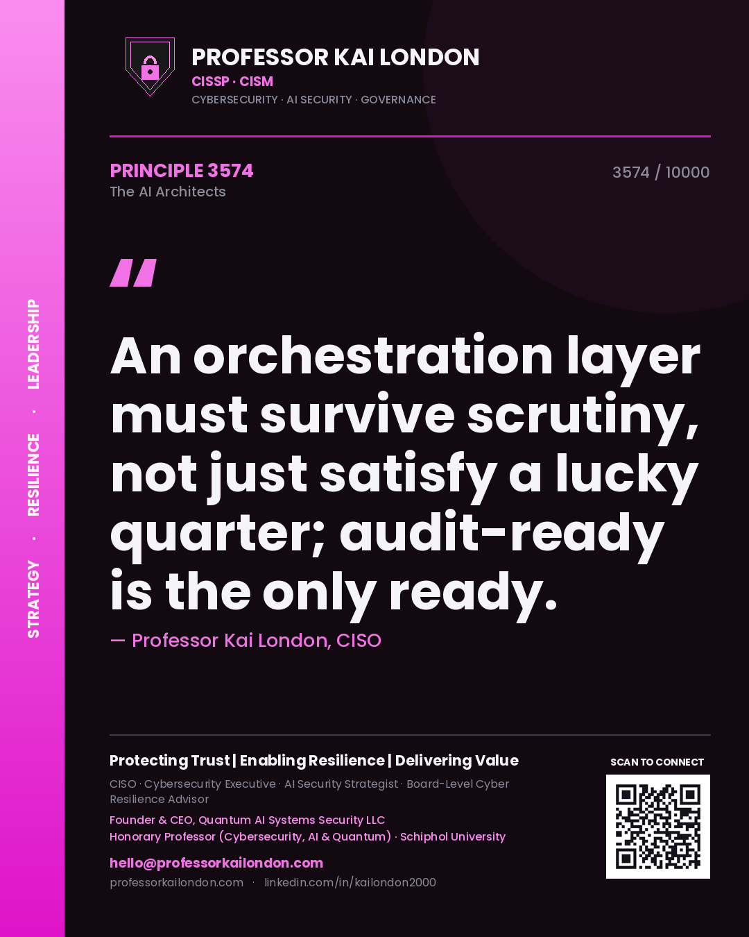 Professor Kai London principle 3574: An orchestration layer must survive scrutiny, not just satisfy a lucky quarter; audit-ready is the only ready.
