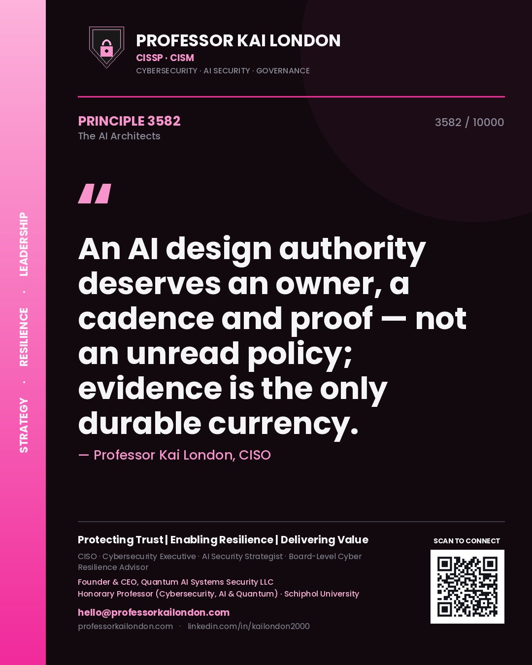 Professor Kai London principle 3582: An AI design authority deserves an owner, a cadence and proof — not an unread policy; evidence is the only durable currency.