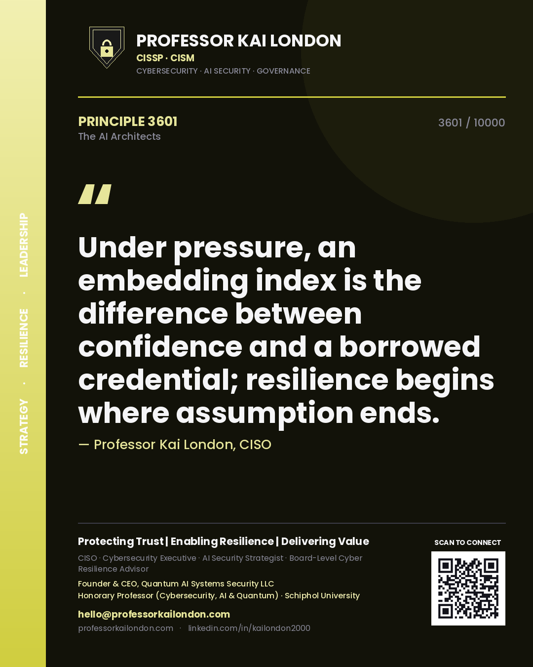 Quote card by Professor Kai London reading 'Under pressure, an embedding index is the difference between confidence and a borrowed credential; resilience begins where assumption ends.'. From the book The AI Architects.
