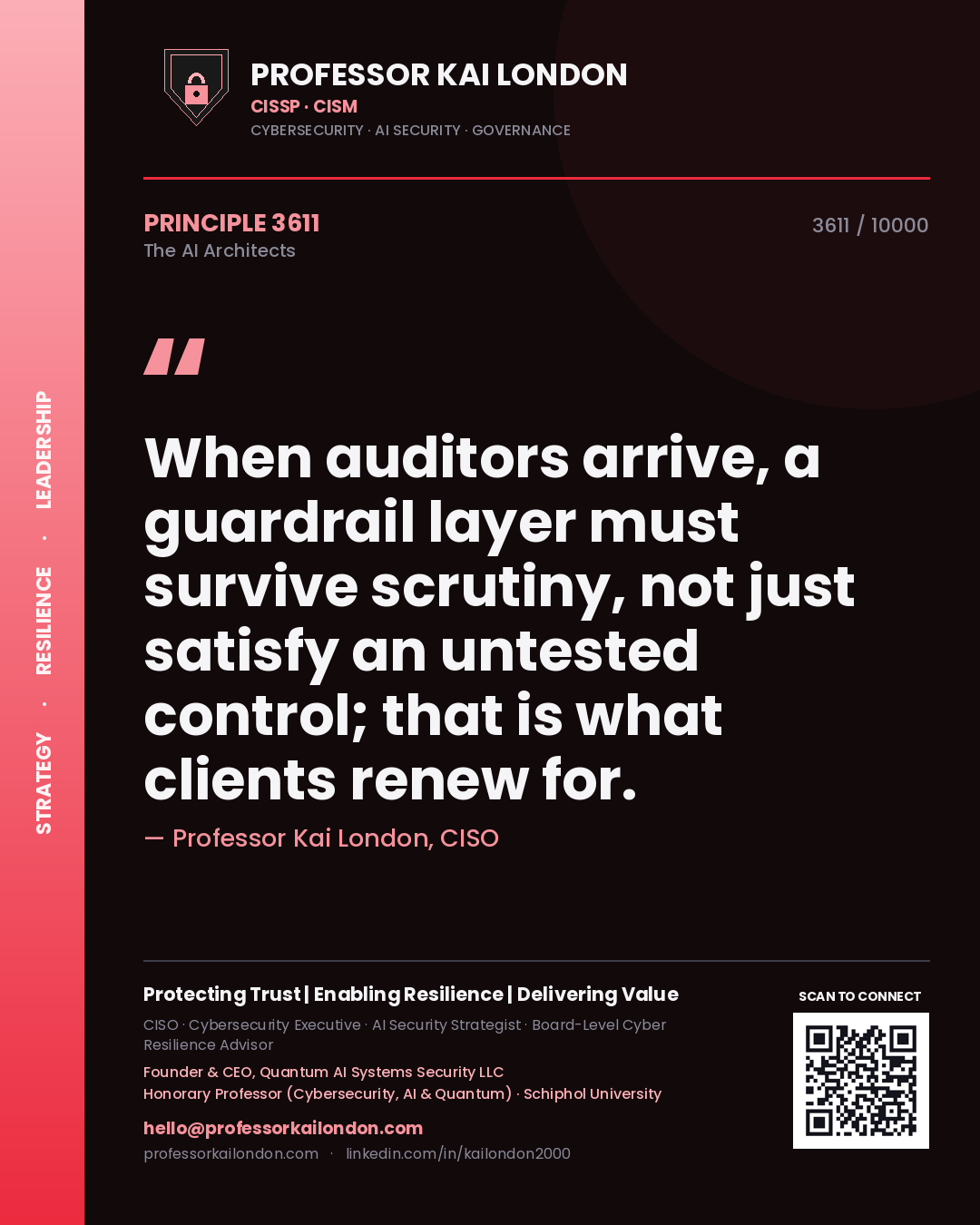 Professor Kai London principle 3611: When auditors arrive, a guardrail layer must survive scrutiny, not just satisfy an untested control; that is what clients renew for.
