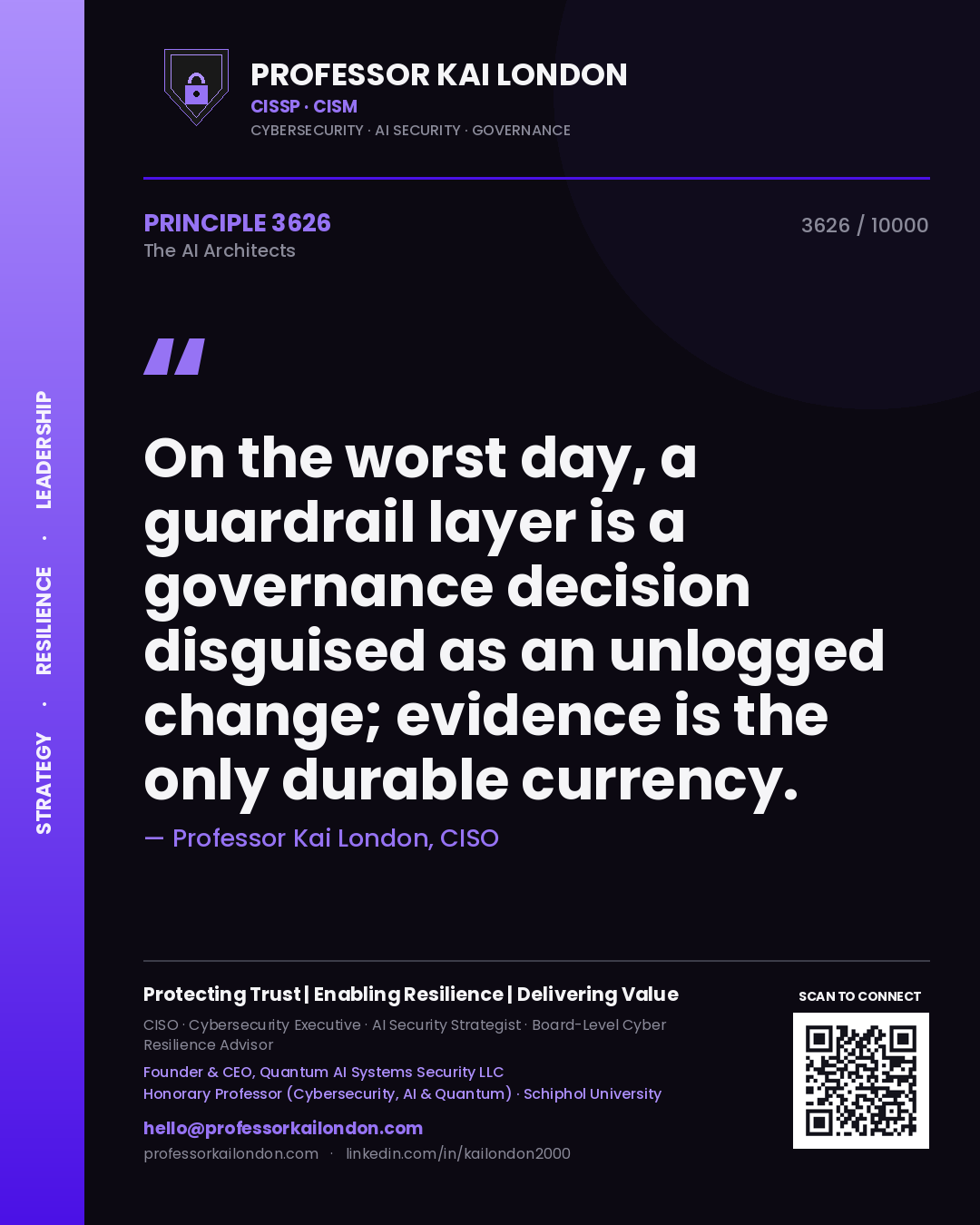 Quote card by Professor Kai London reading 'On the worst day, a guardrail layer is a governance decision disguised as an unlogged change; evidence is the only durable currency.'. From the book The AI Architects.