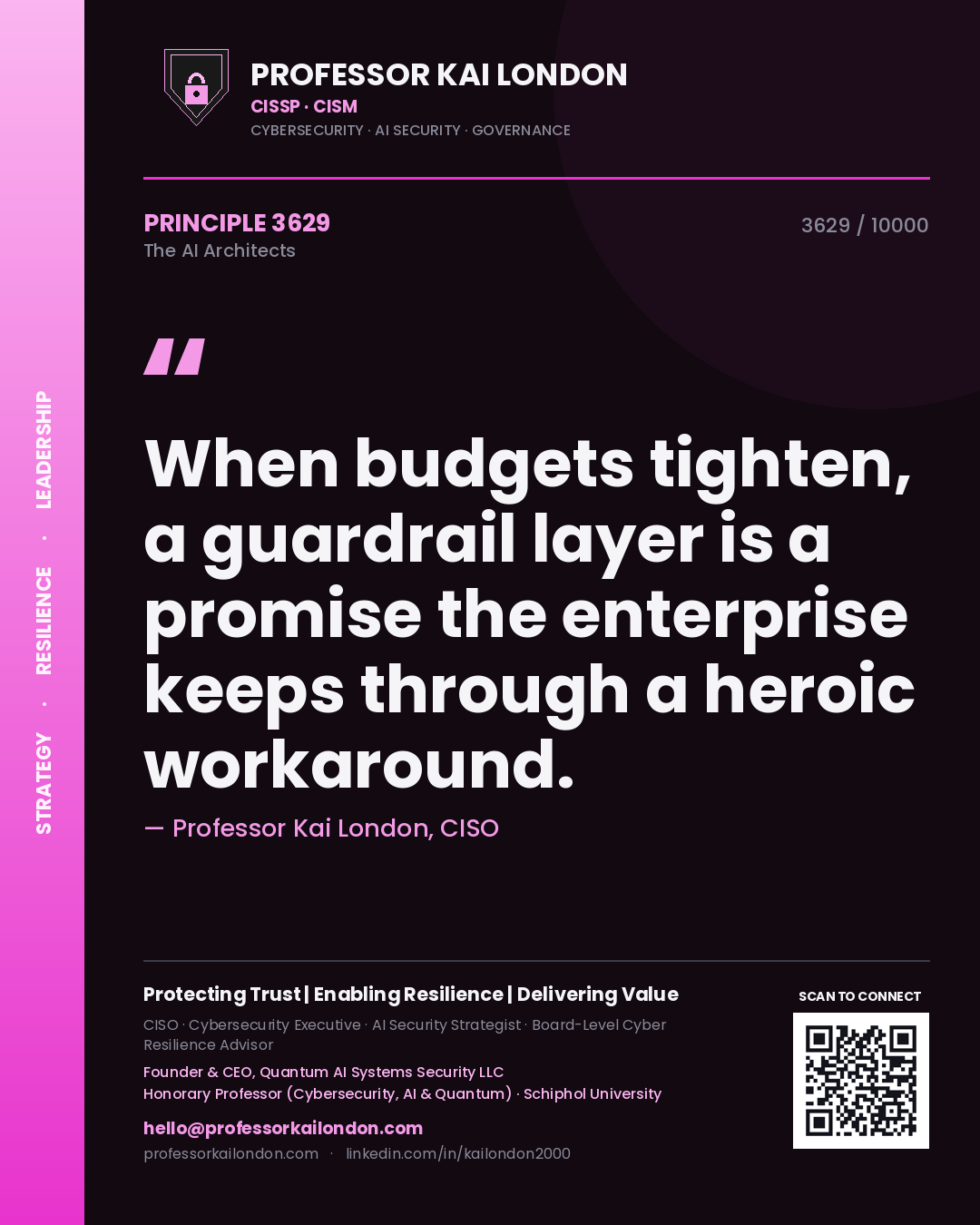 Quote card by Professor Kai London reading 'When budgets tighten, a guardrail layer is a promise the enterprise keeps through a heroic workaround.'. From the book The AI Architects.
