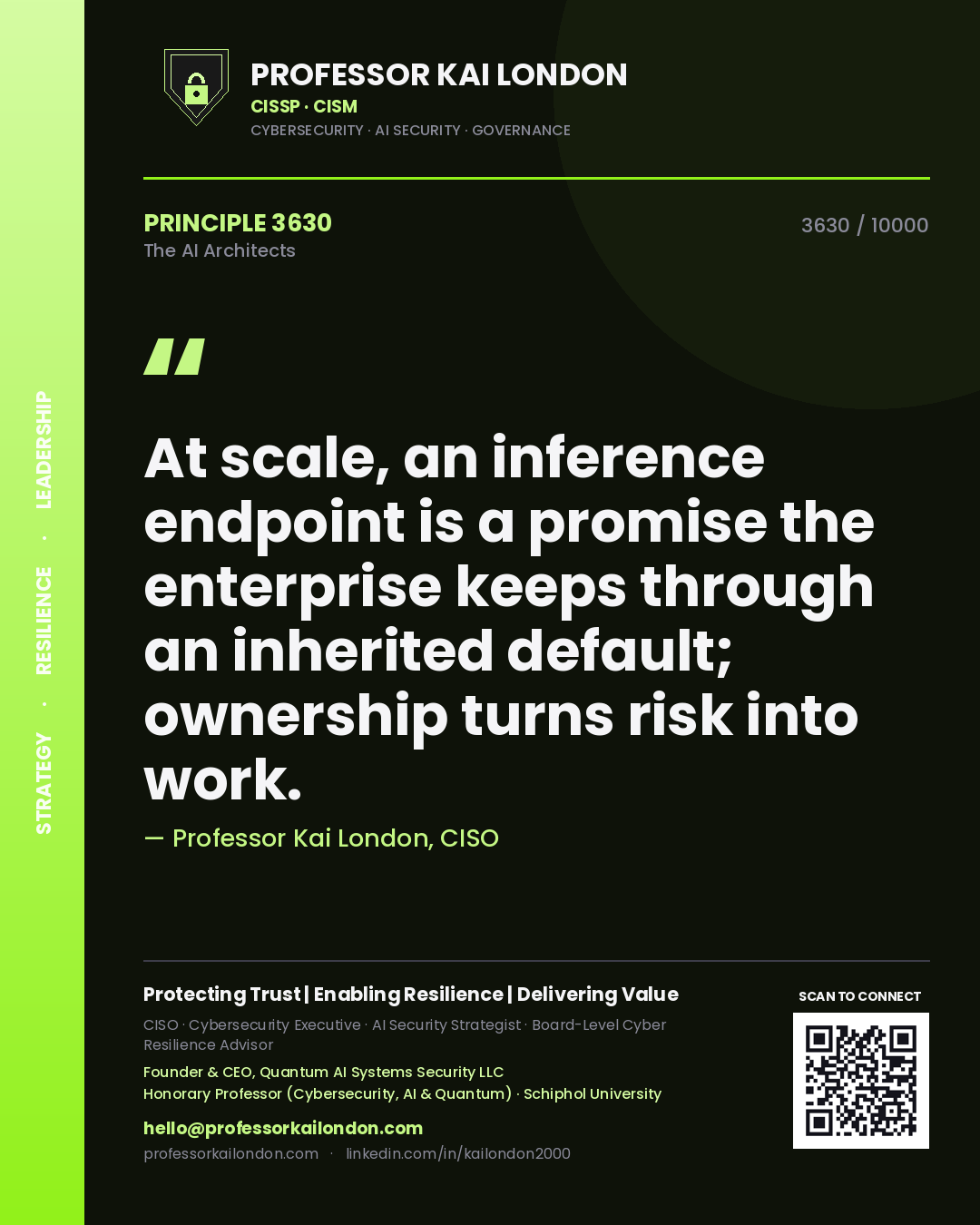 Quote card by Professor Kai London reading 'At scale, an inference endpoint is a promise the enterprise keeps through an inherited default; ownership turns risk into work.'. From the book The AI Architects.
