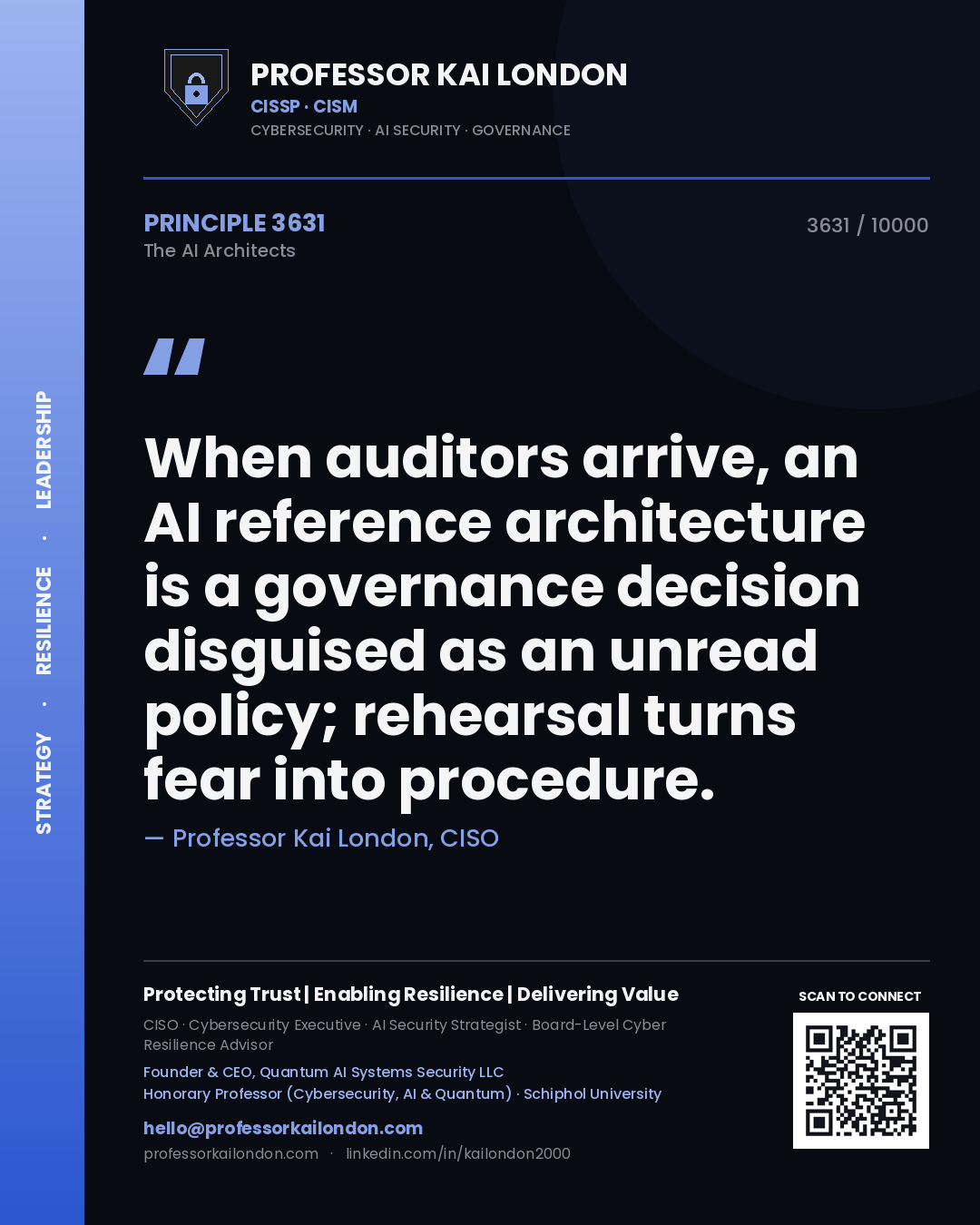 Quote card by Professor Kai London reading 'When auditors arrive, an AI reference architecture is a governance decision disguised as an unread policy; rehearsal turns fear into procedure.'. From the book The AI Architects.