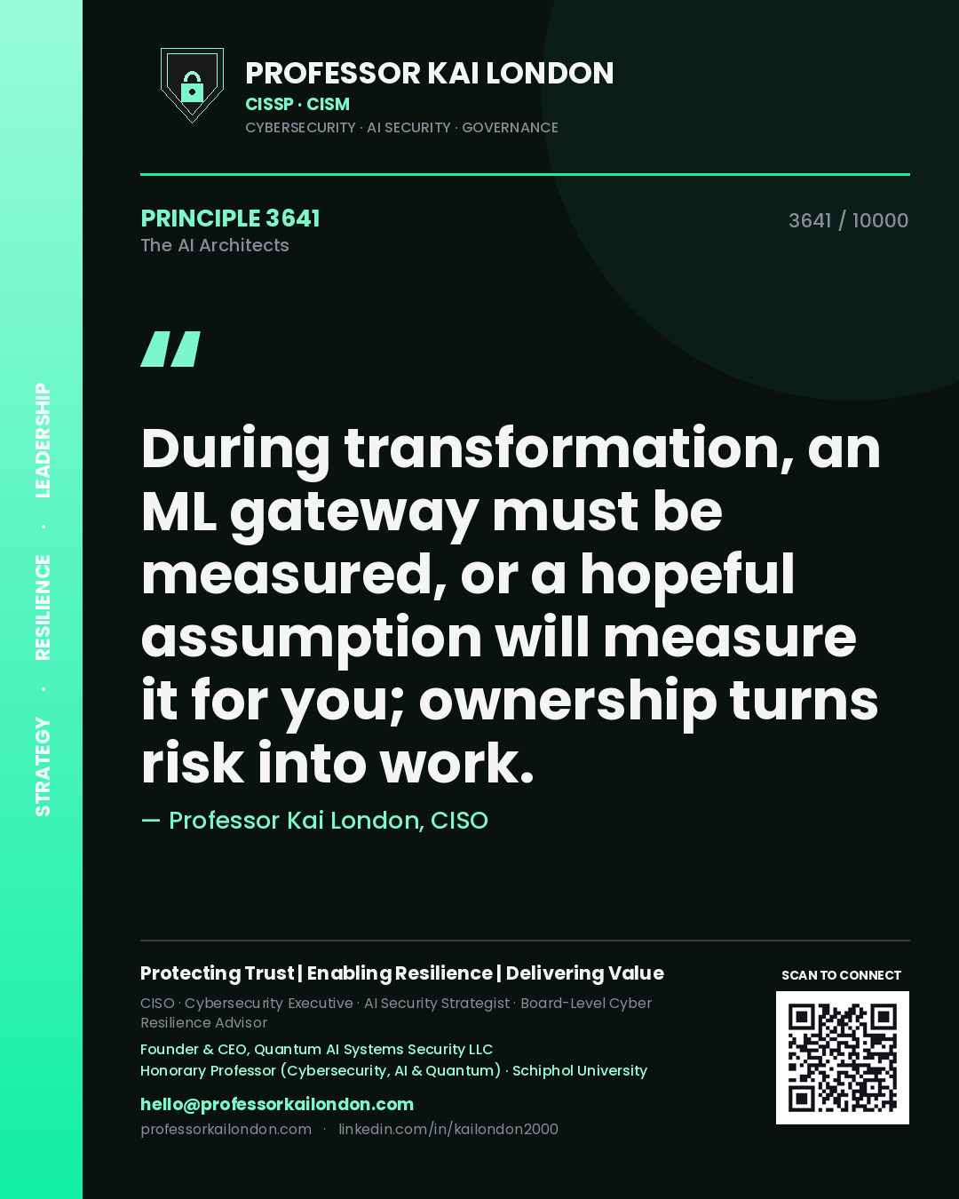 Quote card by Professor Kai London reading 'During transformation, an ML gateway must be measured, or a hopeful assumption will measure it for you; ownership turns risk into work.'. From the book The AI Architects.