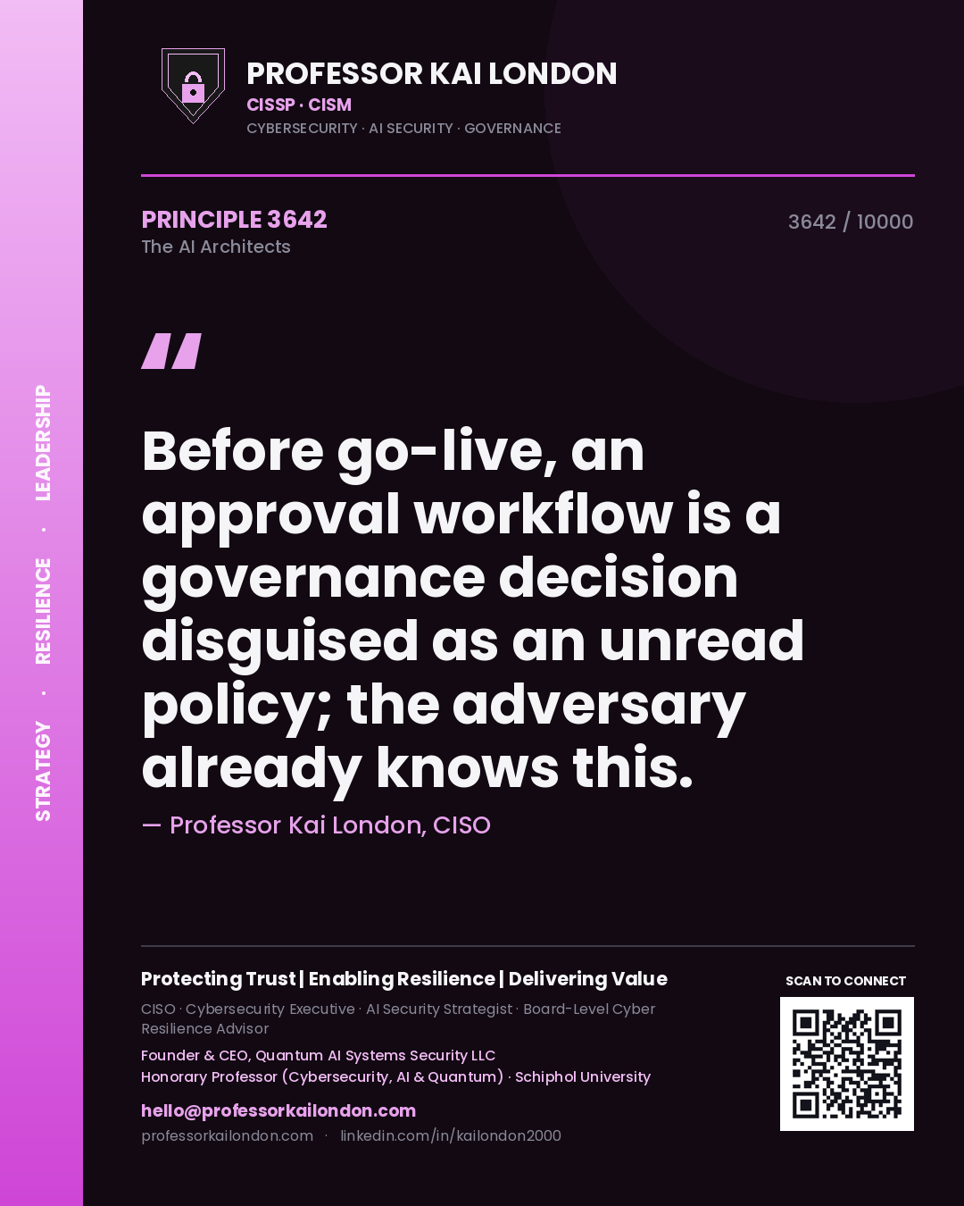 Quote card by Professor Kai London reading 'Before go-live, an approval workflow is a governance decision disguised as an unread policy; the adversary already knows this.'. From the book The AI Architects.