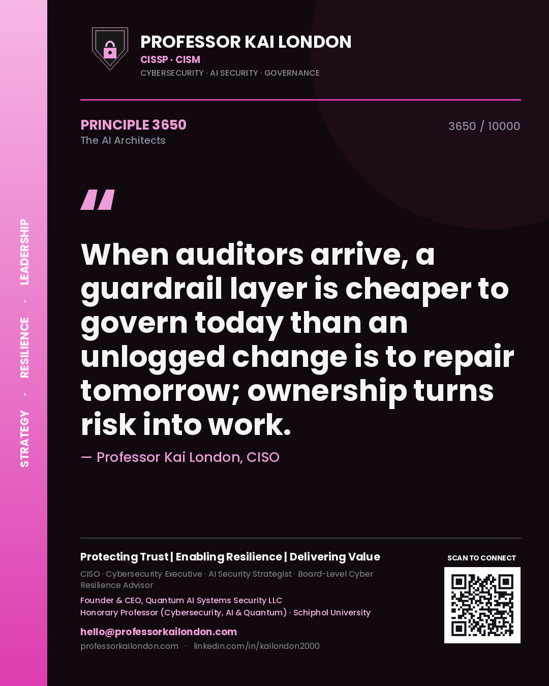 Quote card by Professor Kai London reading 'When auditors arrive, a guardrail layer is cheaper to govern today than an unlogged change is to repair tomorrow; ownership turns risk into work.'. From the book The AI Architects.