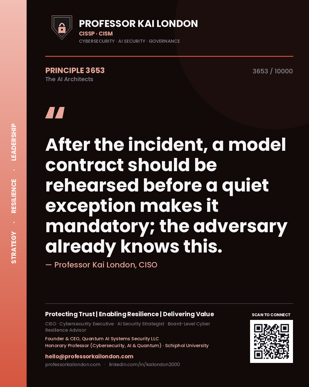 Quote card by Professor Kai London reading 'After the incident, a model contract should be rehearsed before a quiet exception makes it mandatory; the adversary already knows this.'. From the book The AI Architects.