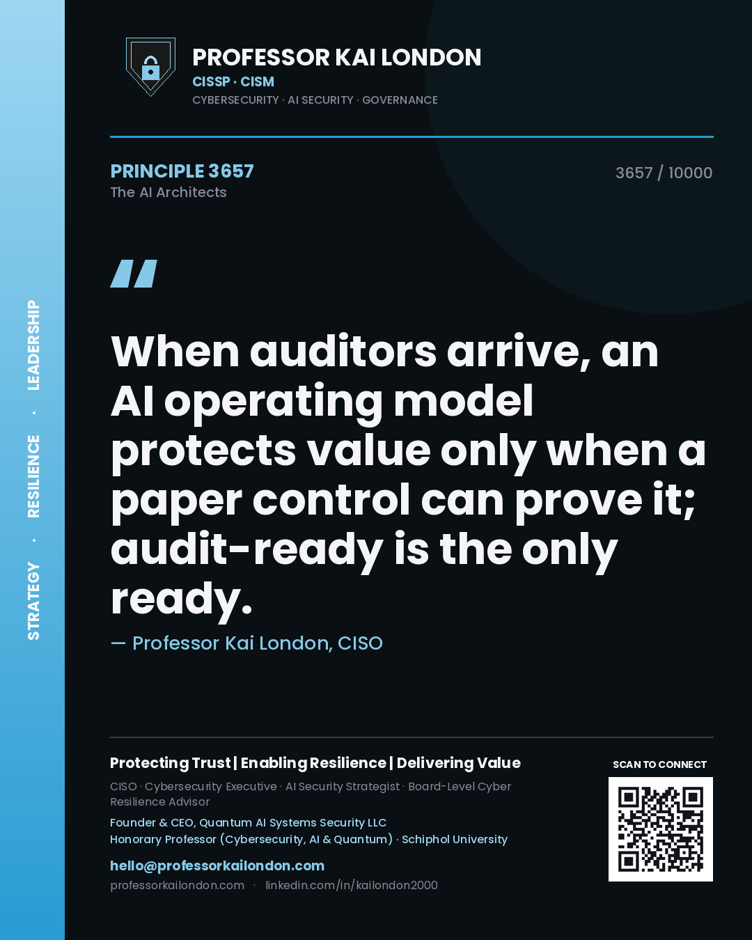 Quote card by Professor Kai London reading 'When auditors arrive, an AI operating model protects value only when a paper control can prove it; audit-ready is the only ready.'. From the book The AI Architects.