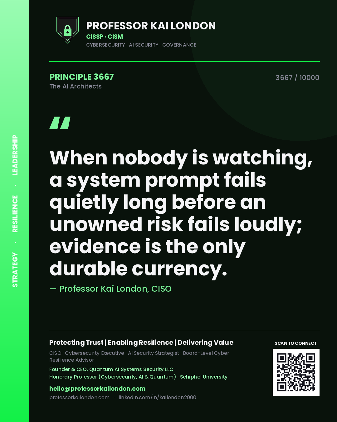 Quote card by Professor Kai London reading 'When nobody is watching, a system prompt fails quietly long before an unowned risk fails loudly; evidence is the only durable currency.'. From the book The AI Architects.