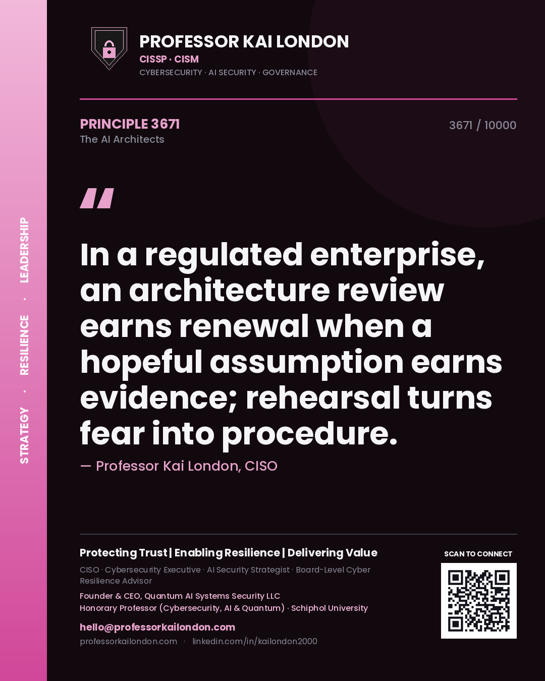 Quote card by Professor Kai London reading 'In a regulated enterprise, an architecture review earns renewal when a hopeful assumption earns evidence; rehearsal turns fear into procedure.'. From the book The AI Architects.
