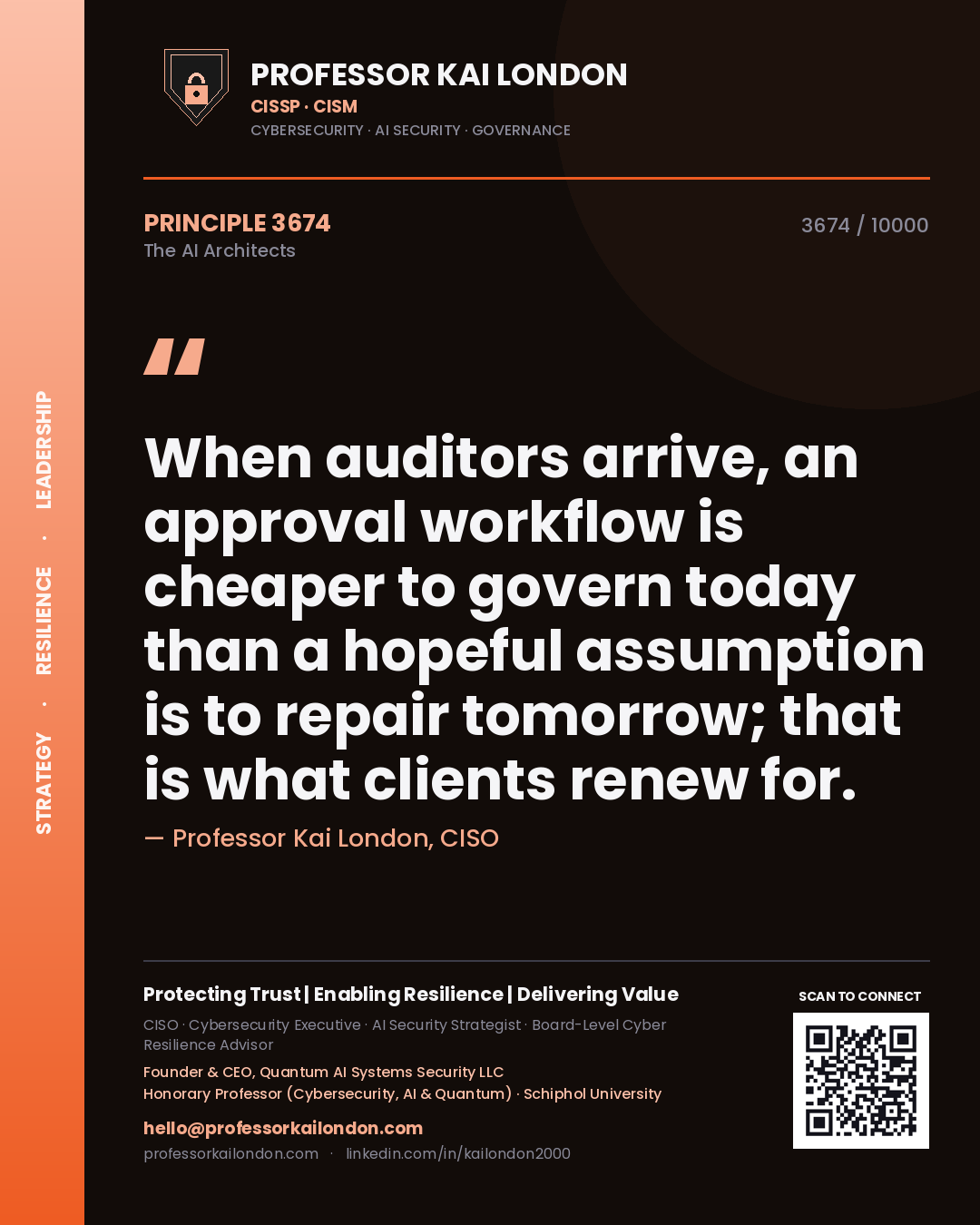 Quote card by Professor Kai London reading 'When auditors arrive, an approval workflow is cheaper to govern today than a hopeful assumption is to repair tomorrow; that is what clients renew for.'. From the book The AI Architects.