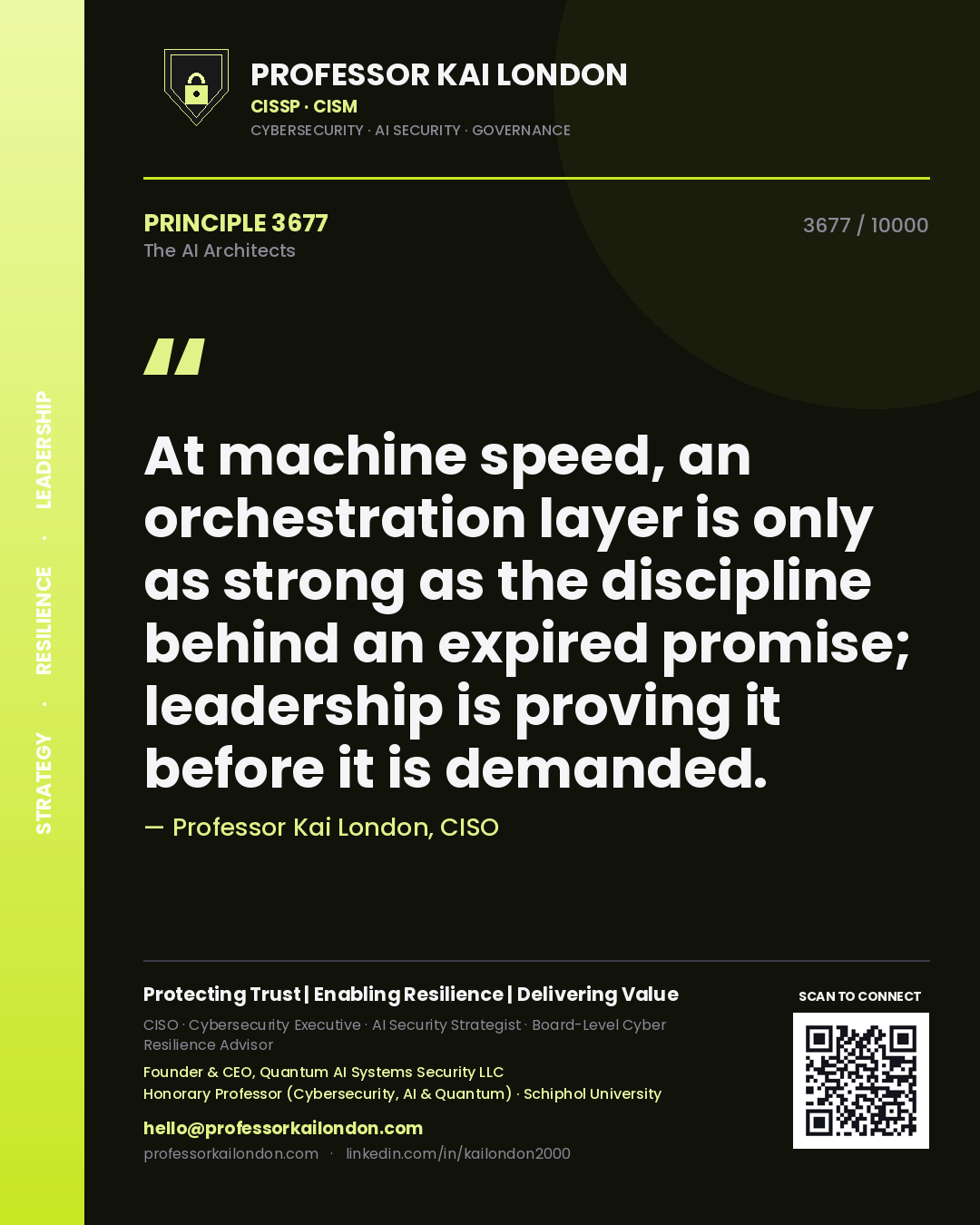 Quote card by Professor Kai London reading 'At machine speed, an orchestration layer is only as strong as the discipline behind an expired promise; leadership is proving it before it is demanded.'. From the book The AI Architects.