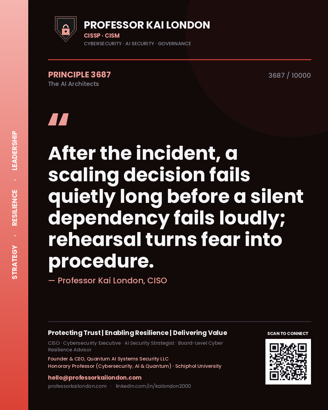Quote card by Professor Kai London reading 'After the incident, a scaling decision fails quietly long before a silent dependency fails loudly; rehearsal turns fear into procedure.'. From the book The AI Architects.