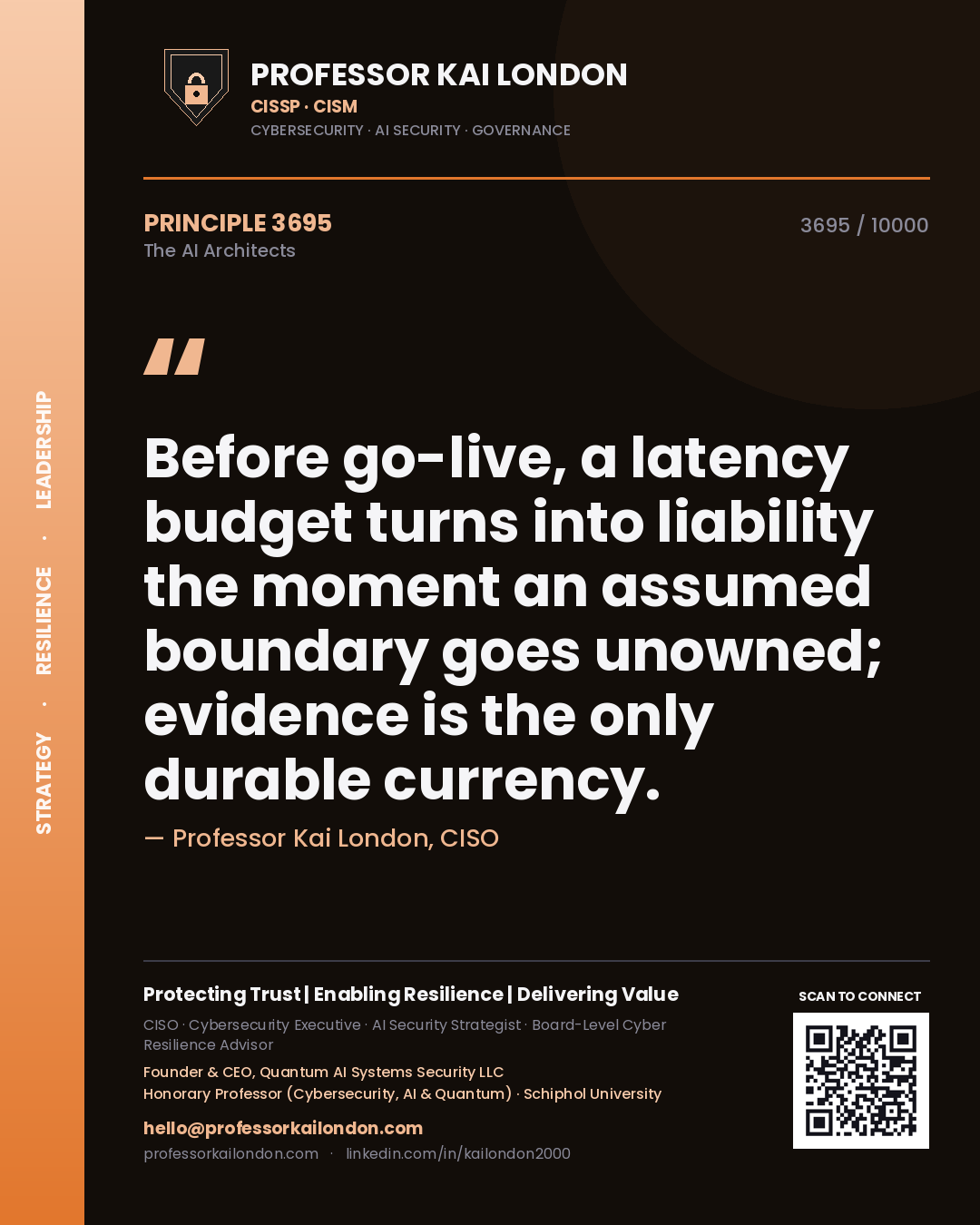Quote card by Professor Kai London reading 'Before go-live, a latency budget turns into liability the moment an assumed boundary goes unowned; evidence is the only durable currency.'. From the book The AI Architects.
