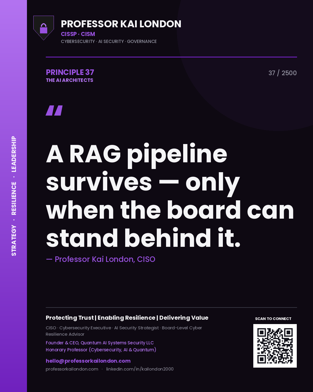 Quote card by Professor Kai London reading 'A RAG pipeline survives — only when the board can stand behind it.'. From the book The AI Architects.