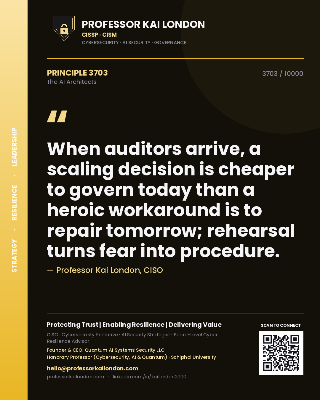 Quote card by Professor Kai London reading 'When auditors arrive, a scaling decision is cheaper to govern today than a heroic workaround is to repair tomorrow; rehearsal turns fear into procedure.'. From the book The AI Architects.