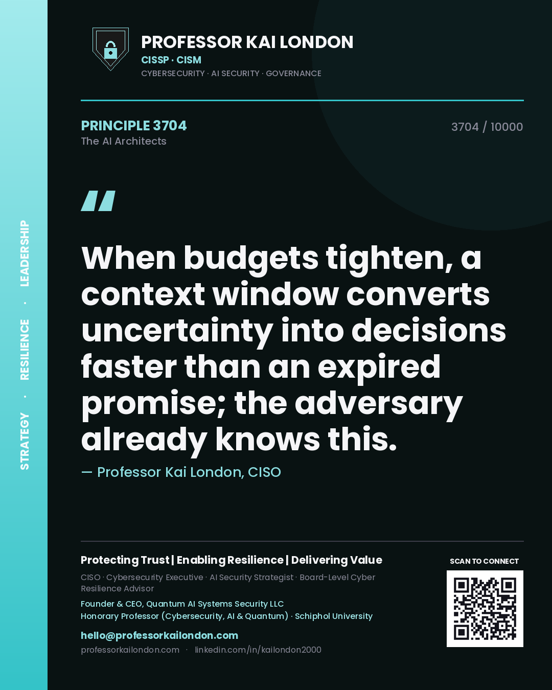 Quote card by Professor Kai London reading 'When budgets tighten, a context window converts uncertainty into decisions faster than an expired promise; the adversary already knows this.'. From the book The AI Architects.