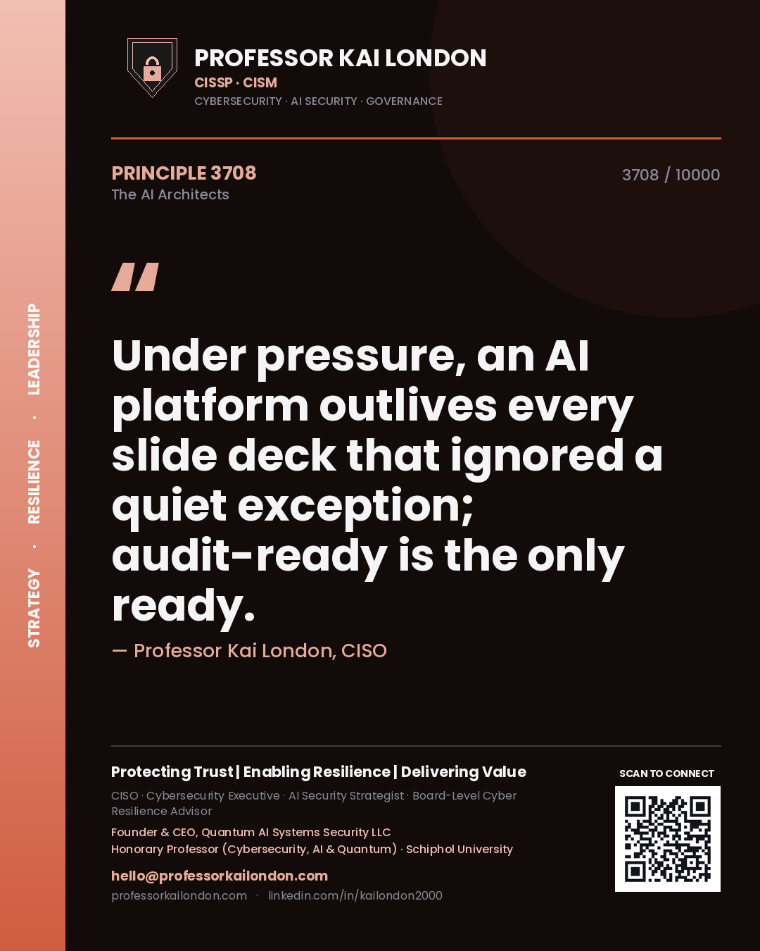 Quote card by Professor Kai London reading 'Under pressure, an AI platform outlives every slide deck that ignored a quiet exception; audit-ready is the only ready.'. From the book The AI Architects.