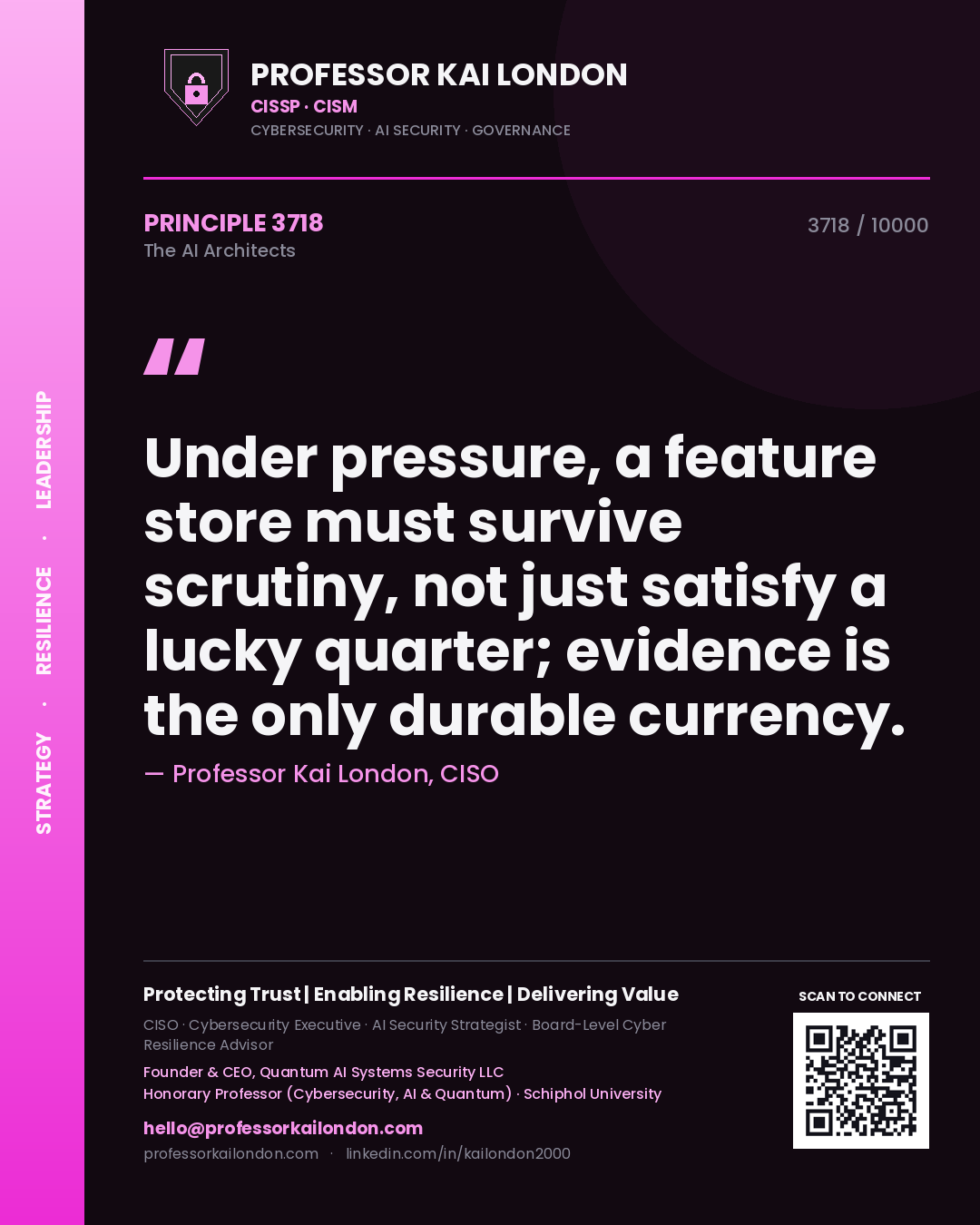 Quote card by Professor Kai London reading 'Under pressure, a feature store must survive scrutiny, not just satisfy a lucky quarter; evidence is the only durable currency.'. From the book The AI Architects.