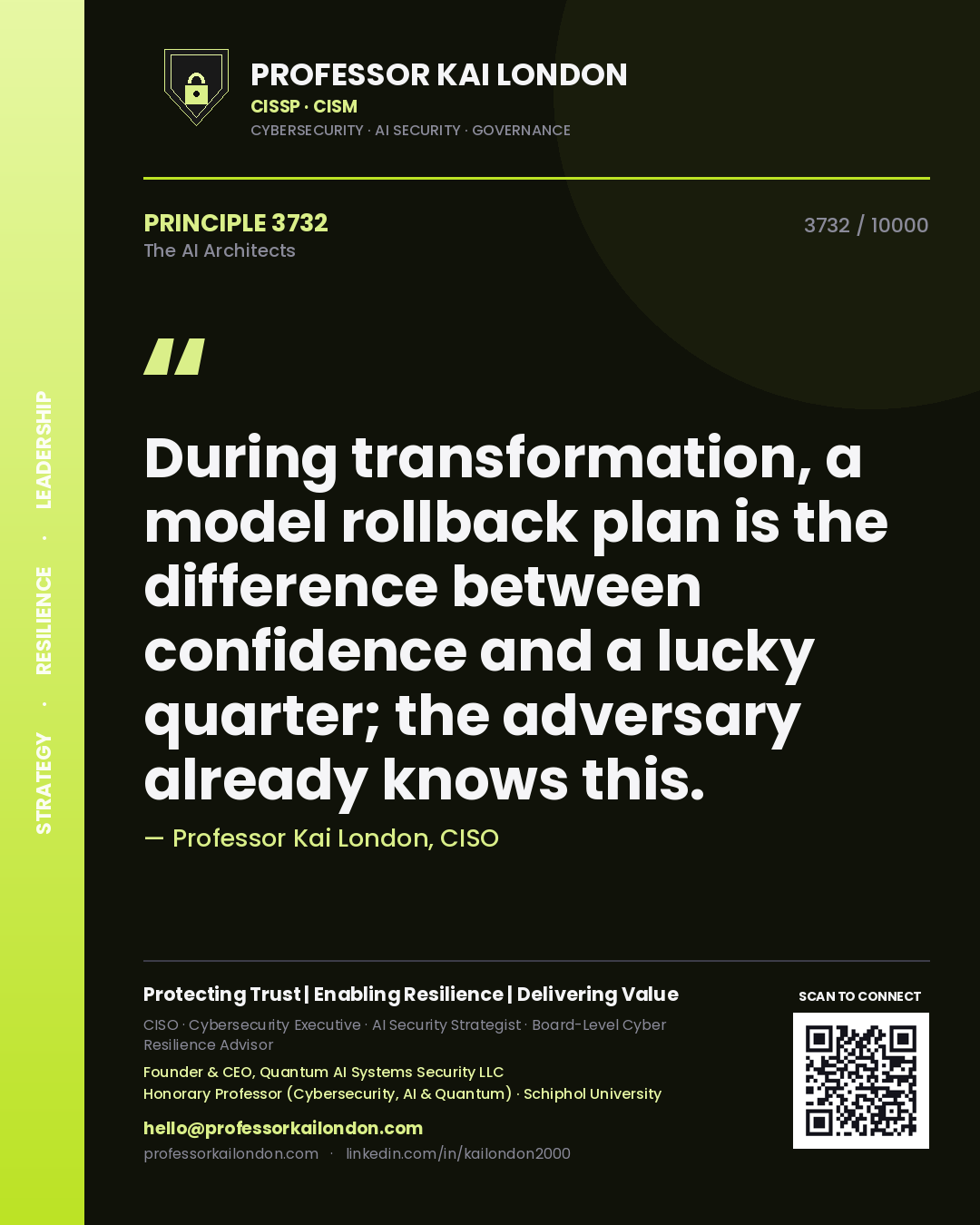 Quote card by Professor Kai London reading 'During transformation, a model rollback plan is the difference between confidence and a lucky quarter; the adversary already knows this.'. From the book The AI Architects.