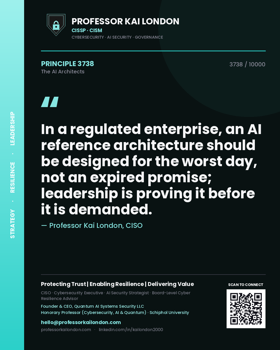Quote card by Professor Kai London reading 'In a regulated enterprise, an AI reference architecture should be designed for the worst day, not an expired promise; leadership is proving it before it is demanded.'. From the book The AI Architects.