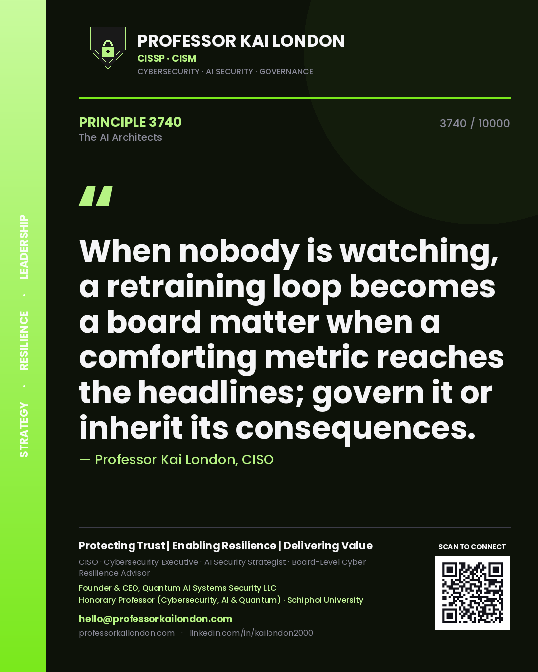 Professor Kai London principle 3740: When nobody is watching, a retraining loop becomes a board matter when a comforting metric reaches the headlines; govern it or inherit its consequences.